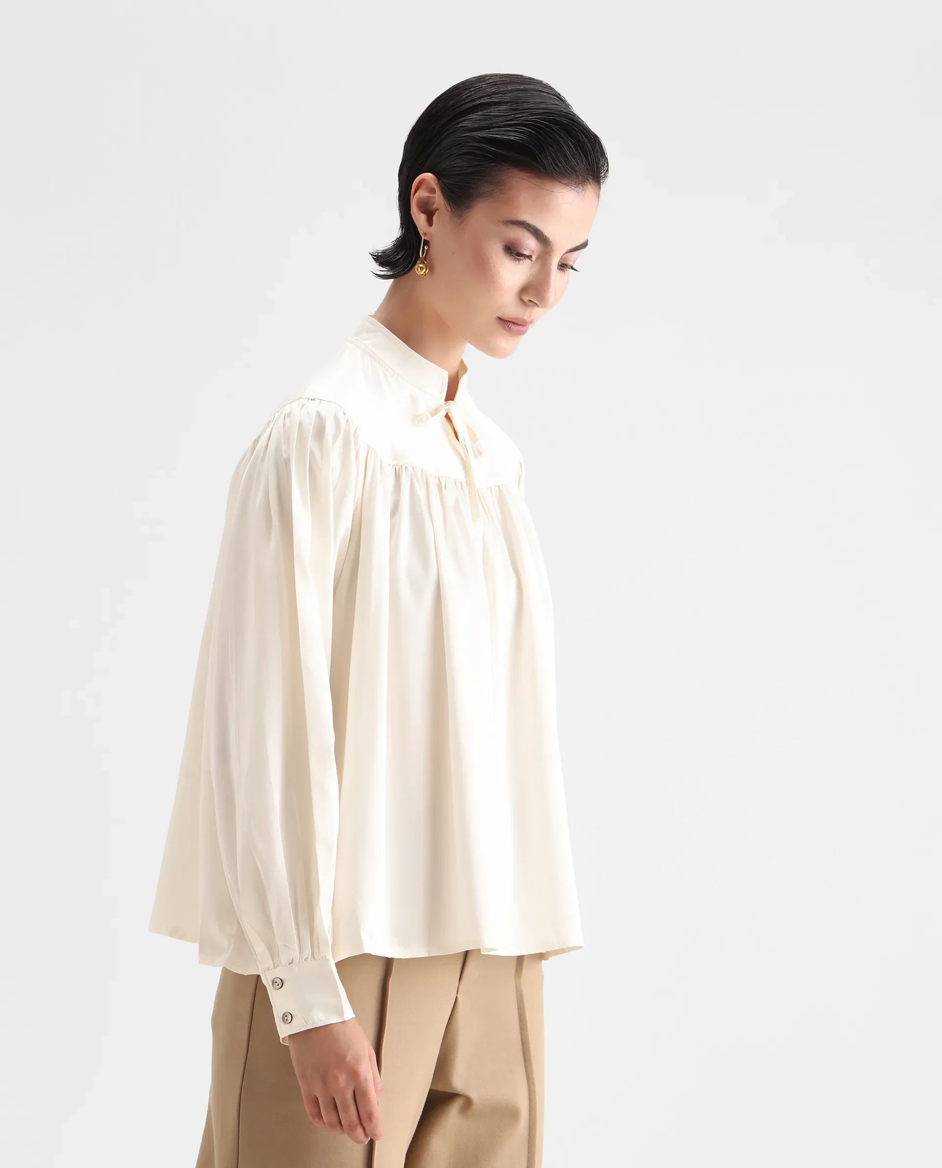 Rareism Women's Tia White Polyester Mandarin Collar Plain Volume Sleeve Relaxed Fit Top