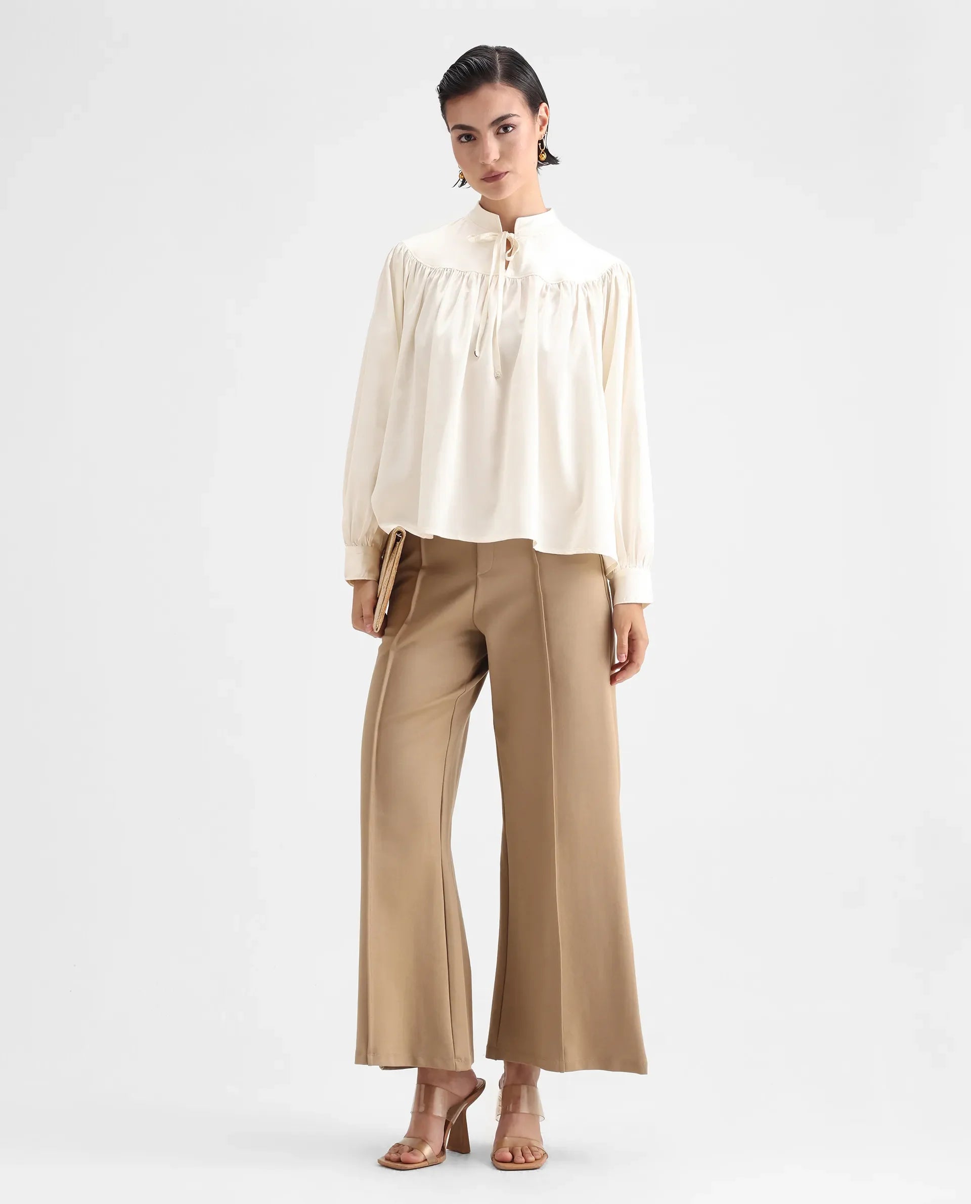Rareism Women's Tia White Polyester Mandarin Collar Plain Volume Sleeve Relaxed Fit Top