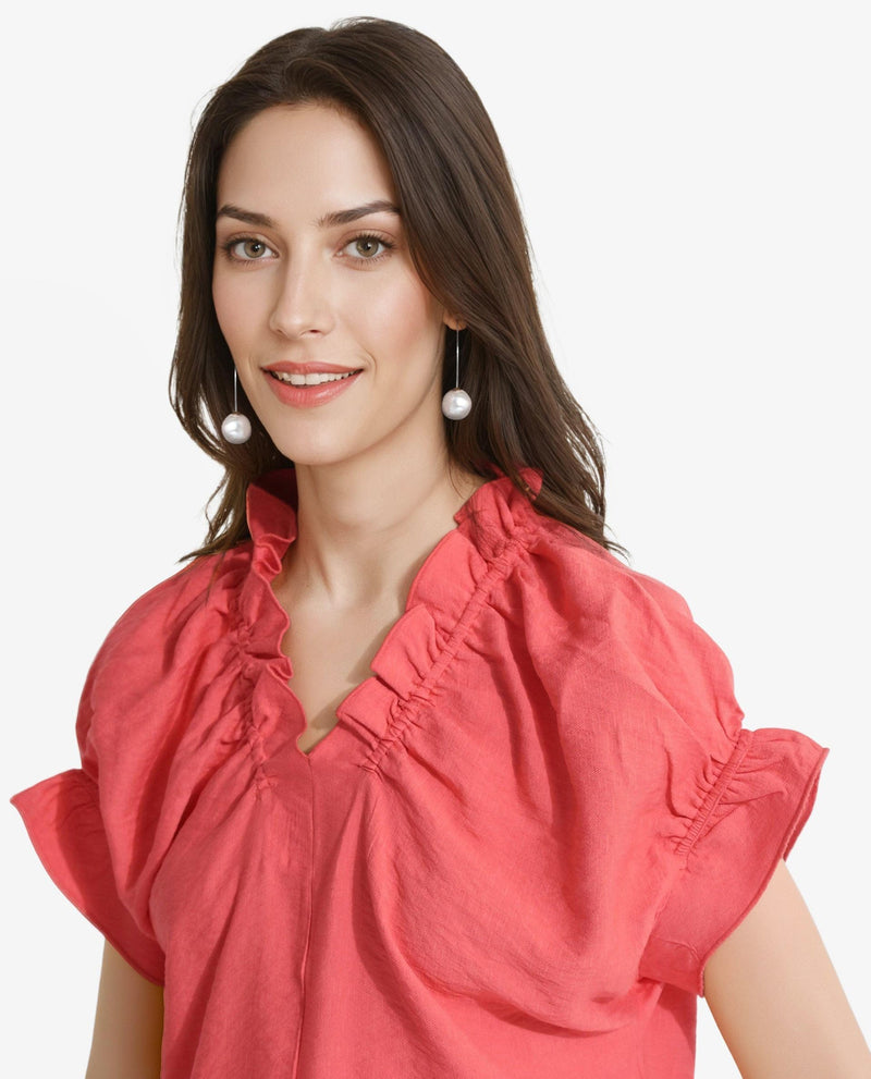 Rareism Women Tichi Orange Extended Sleeves V-Neck Plain Top