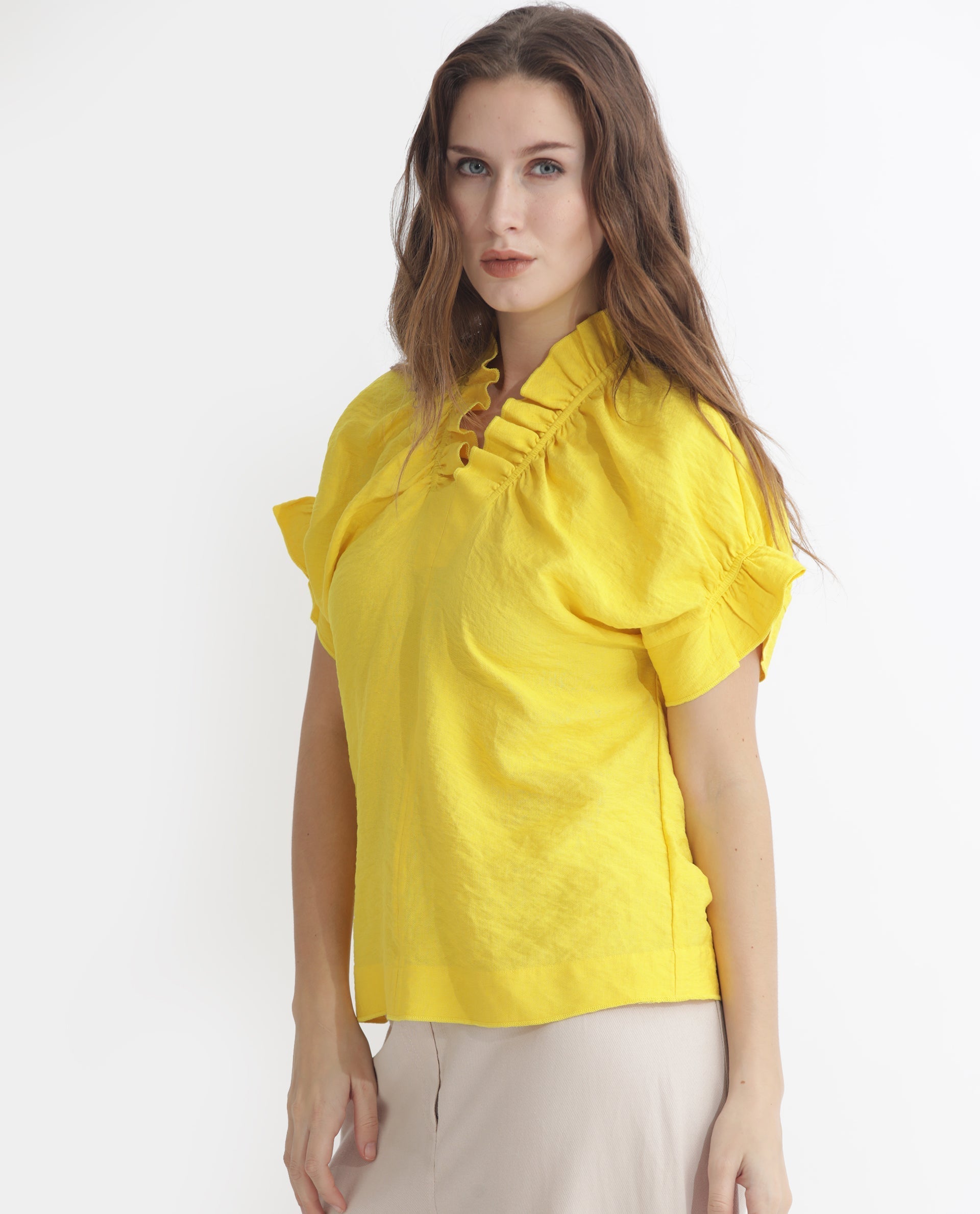 Rareism Women's Tich Yellow Polyester Sweetheart Neck Plain Ruffled Sleeve Regular Fit Top