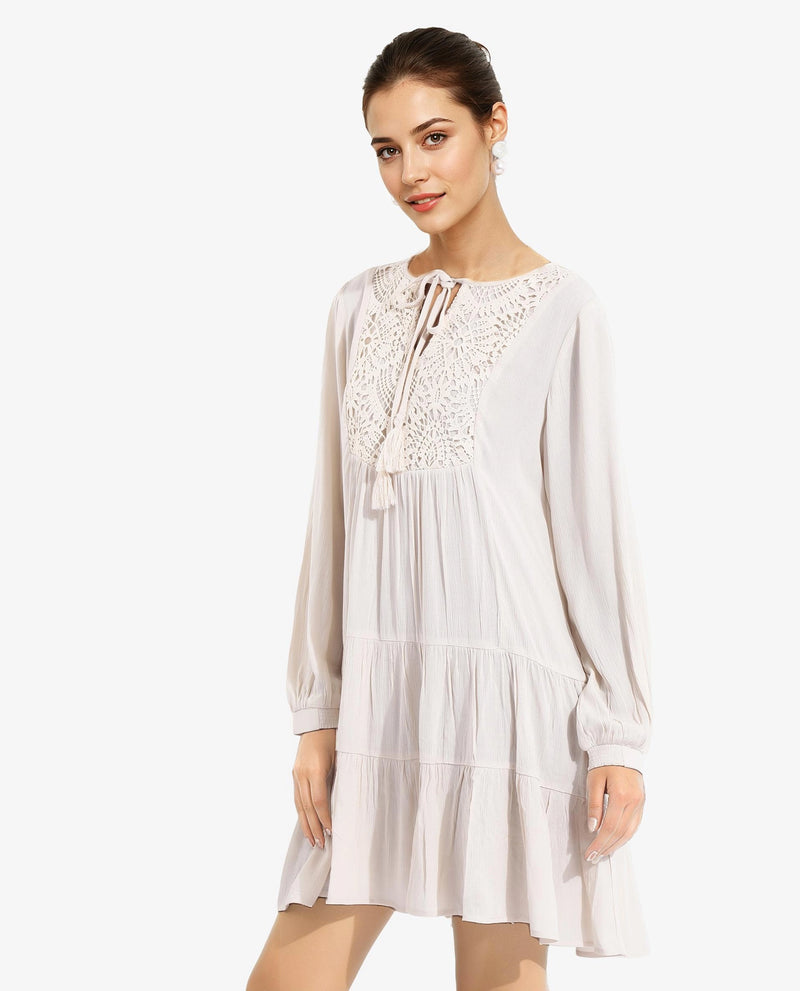 Rareism Women Tijuana Dusky Off White Bishop Sleeve Crew Neck Relaxed Fit Plain Knee Length Dress