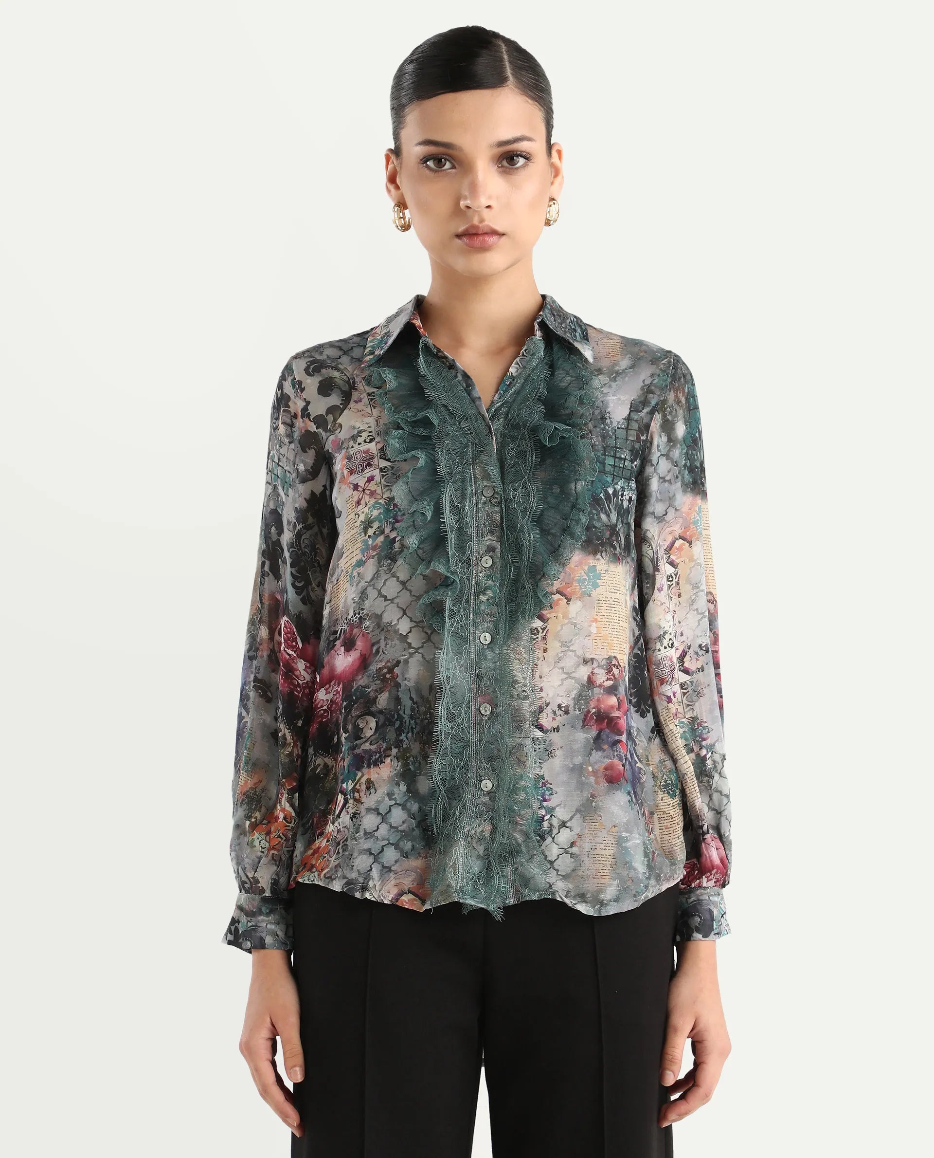 Rareism Women's Tinga Multi Viscose Blend Drop Collar Graphic Print Regular Fit Shirt