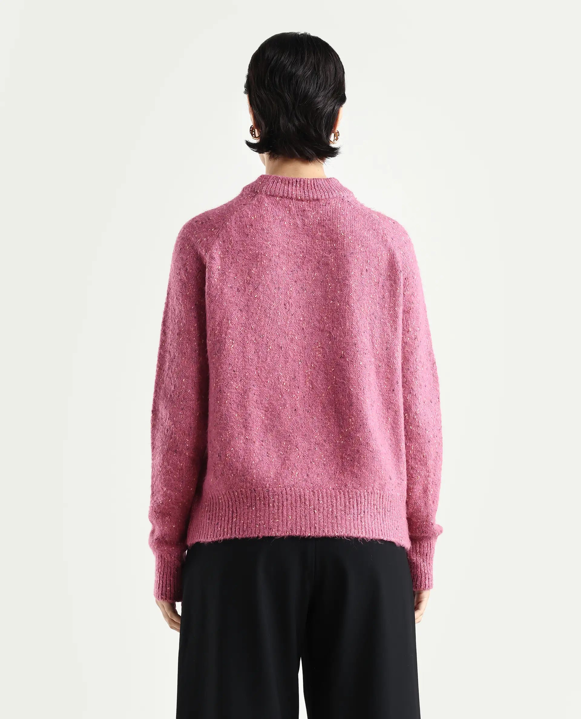 Rareism Women's Tinzol Light Pink Acrylic Blend Crew Neck Relaxed Fit Plain Sweater