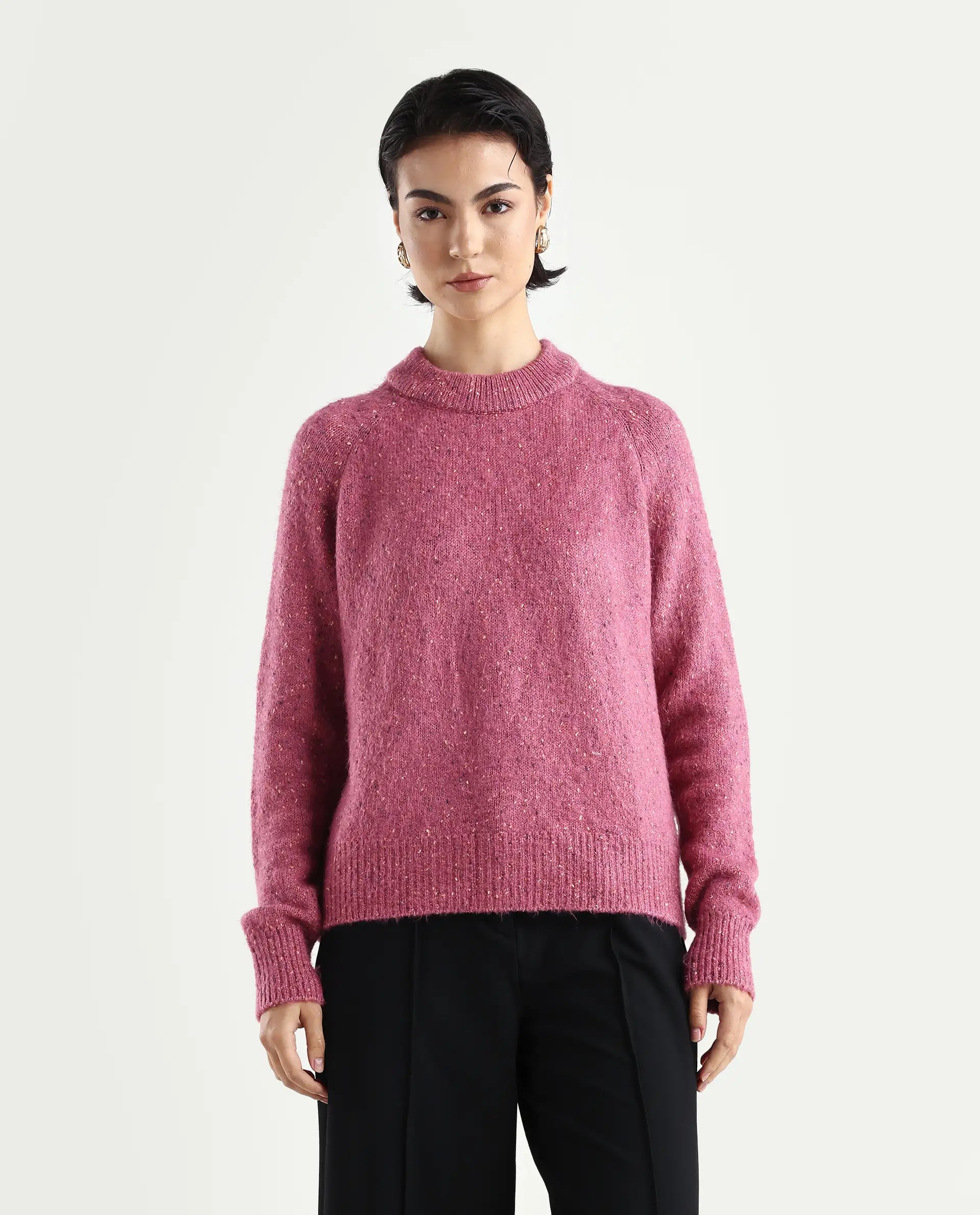 Rareism Women's Tinzol Light Pink Acrylic Blend Crew Neck Relaxed Fit Plain Sweater