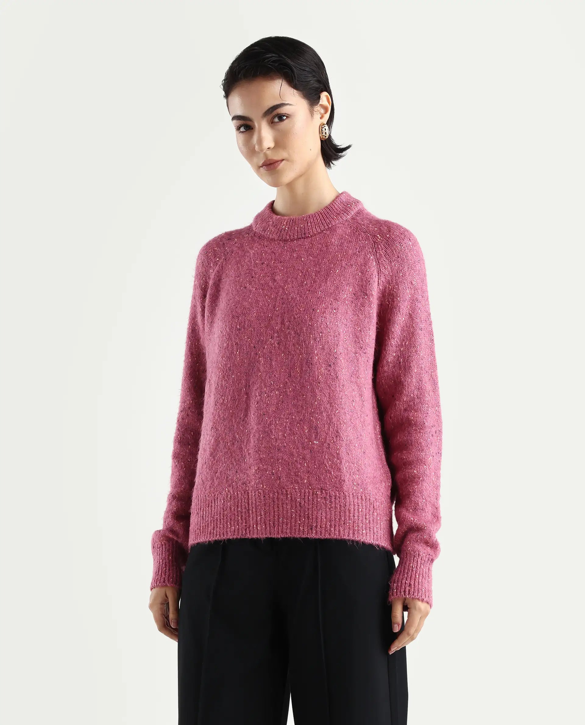 Rareism Women's Tinzol Light Pink Acrylic Blend Crew Neck Relaxed Fit Plain Sweater