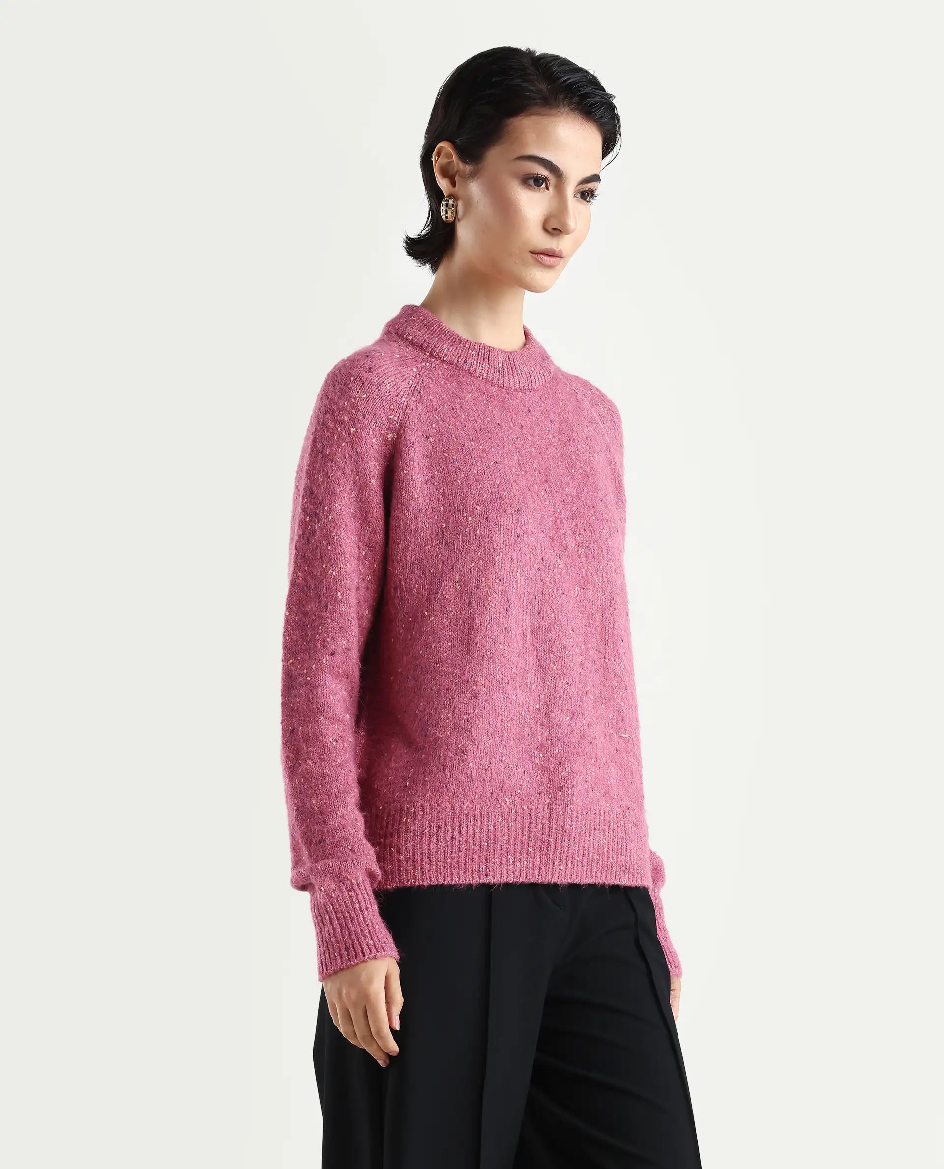 Rareism Women's Tinzol Light Pink Acrylic Blend Crew Neck Relaxed Fit Plain Sweater