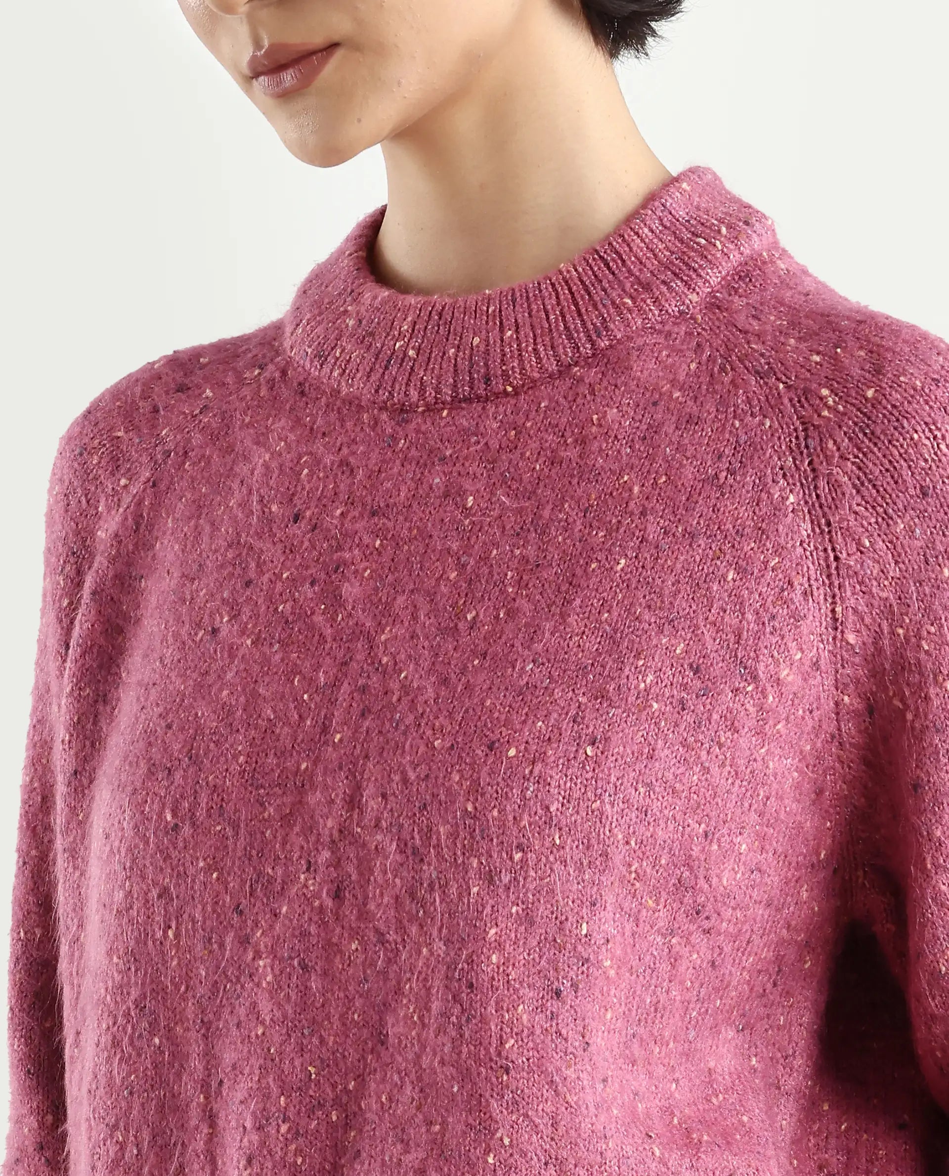 Rareism Women's Tinzol Light Pink Acrylic Blend Crew Neck Relaxed Fit Plain Sweater