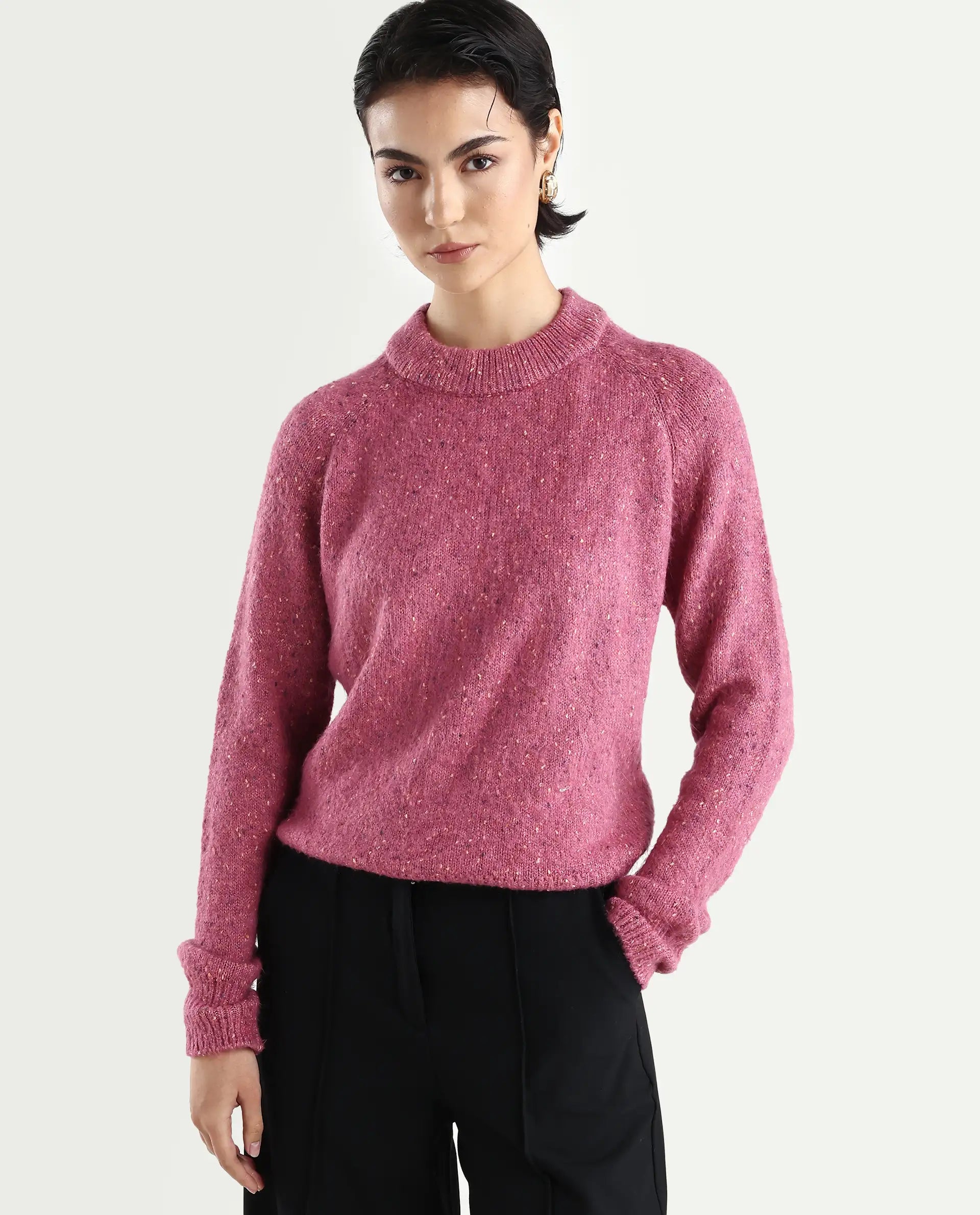 Rareism Women's Tinzol Light Pink Acrylic Blend Crew Neck Relaxed Fit Plain Sweater