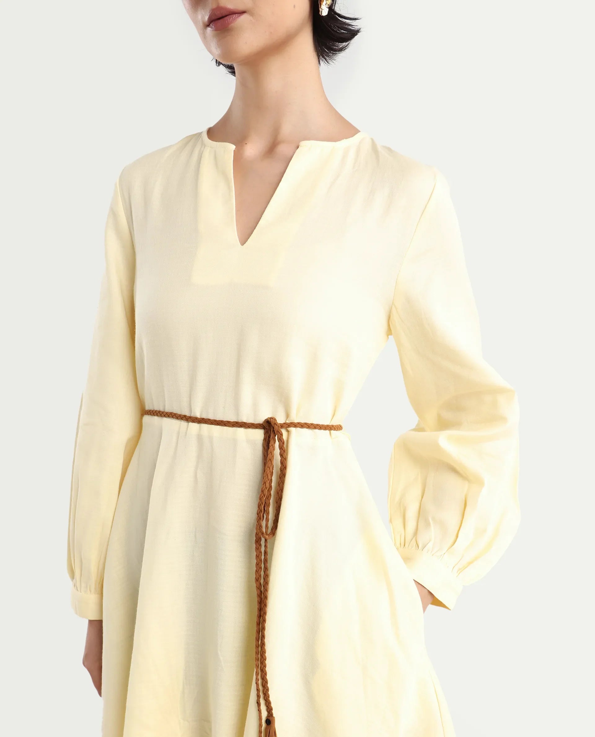 Rareism Women's Tirday Yellow Cotton V-Neck Plain Bishop Sleeve Mini Fit And Flare Dress