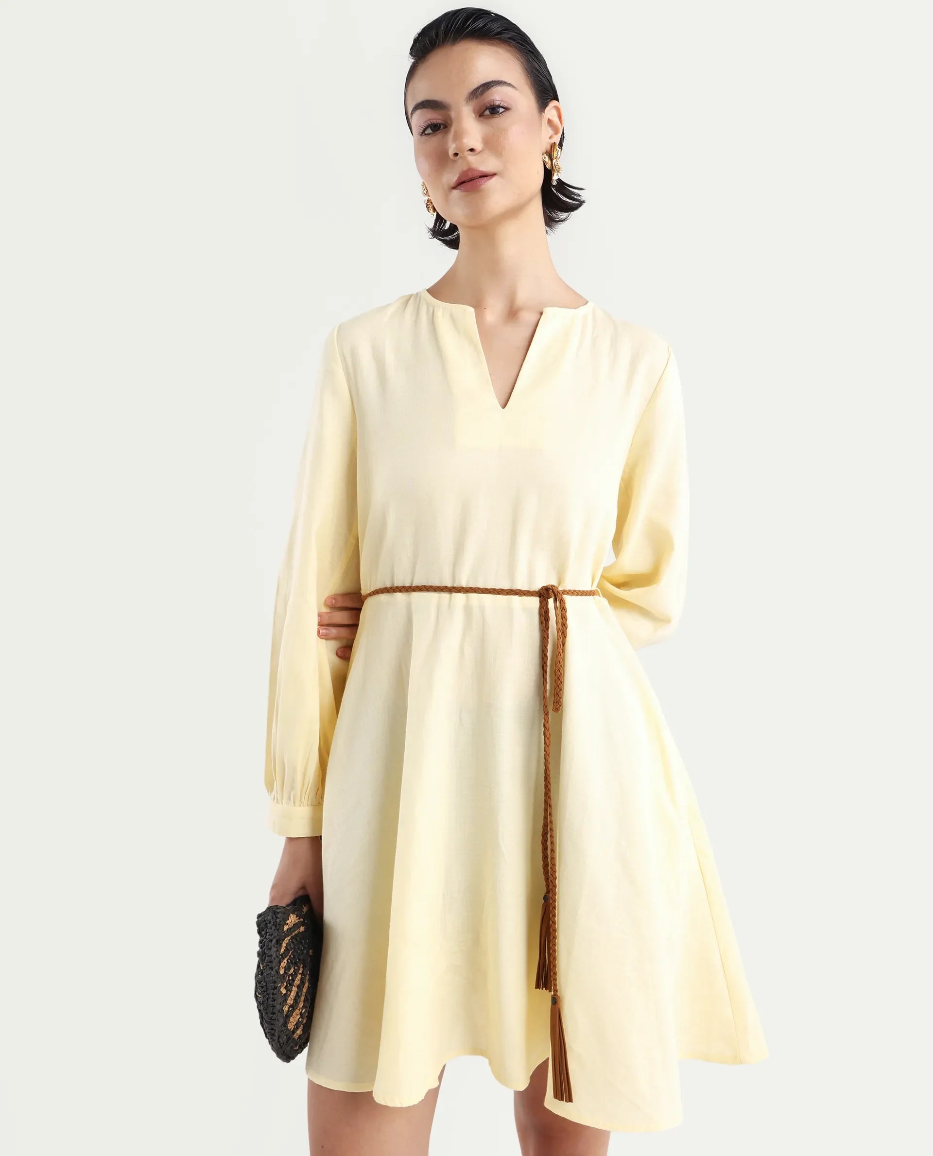 Rareism Women's Tirday Yellow Cotton V-Neck Plain Bishop Sleeve Mini Fit And Flare Dress