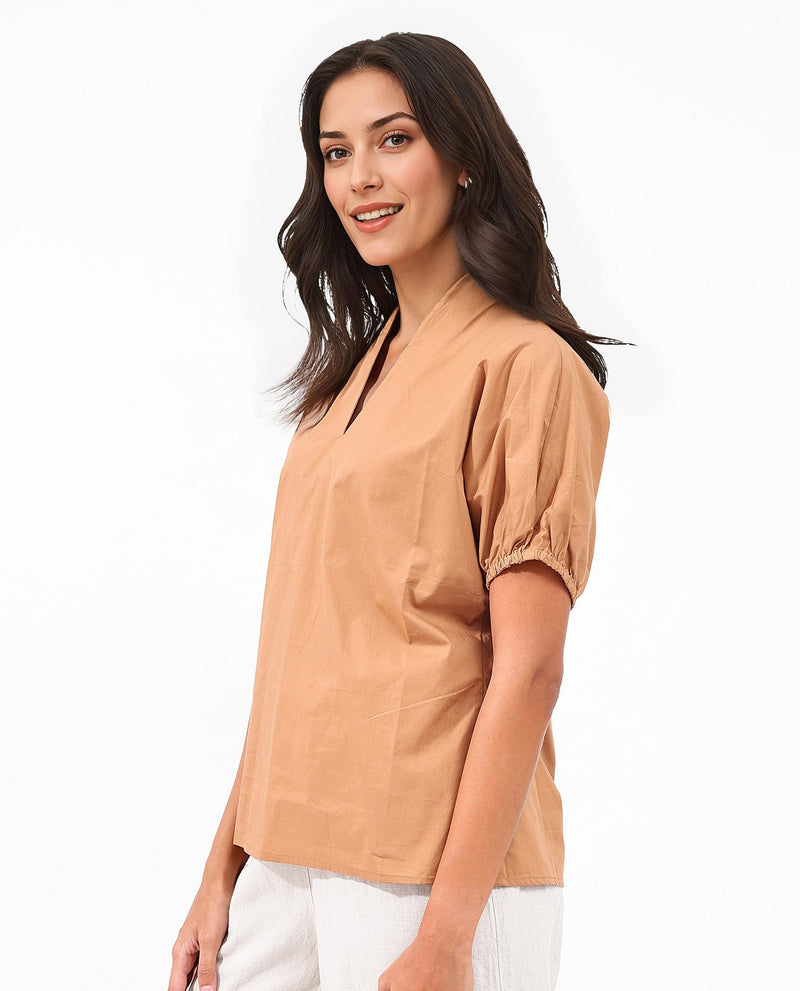 Rareism Women Titan Light Tan Cotton Fabric Halfsleeves V-Neck Solid Regular Fit Top