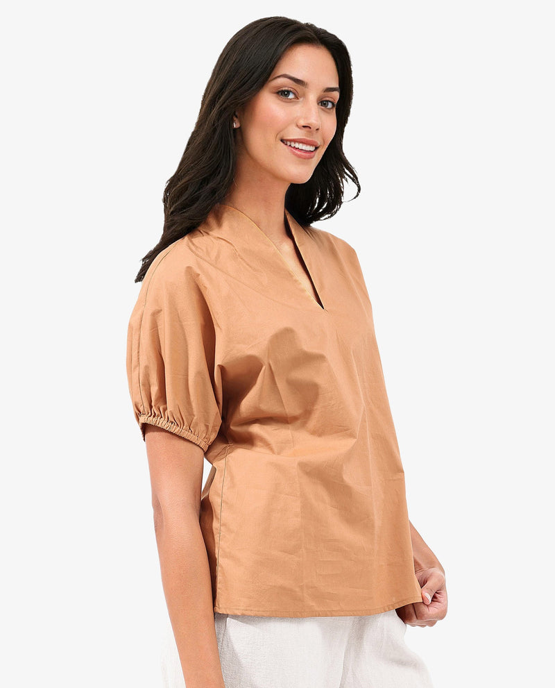 Rareism Women Titan Light Tan Cotton Fabric Halfsleeves V-Neck Solid Regular Fit Top