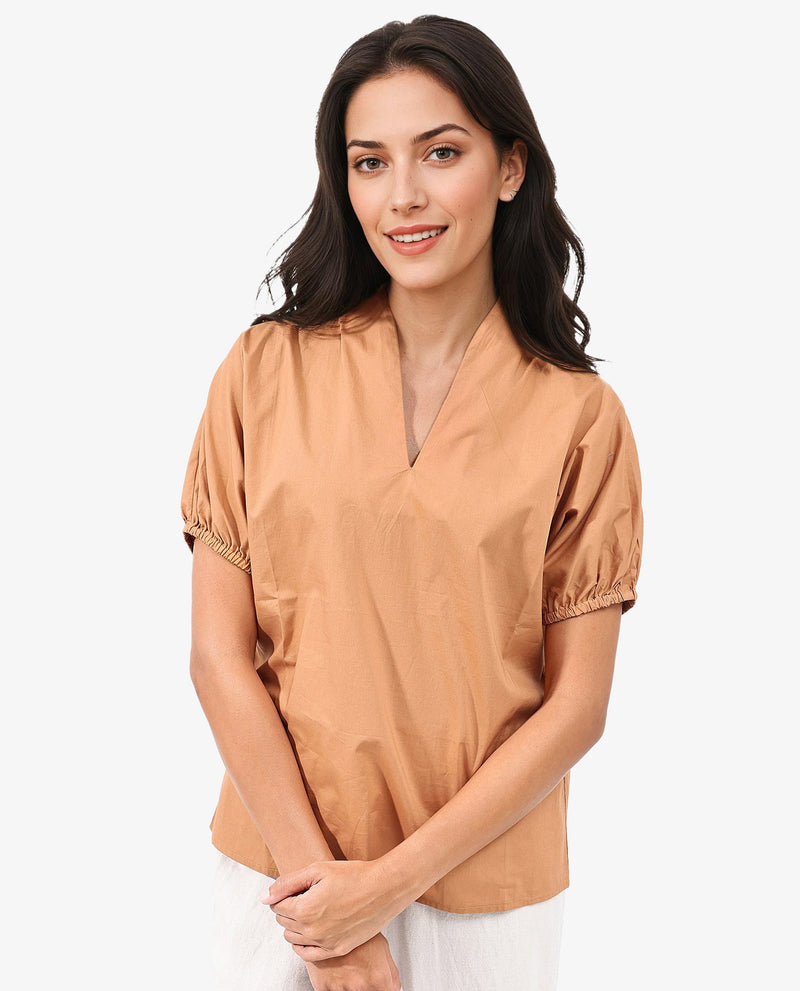 Rareism Women Titan Light Tan Cotton Fabric Halfsleeves V-Neck Solid Regular Fit Top