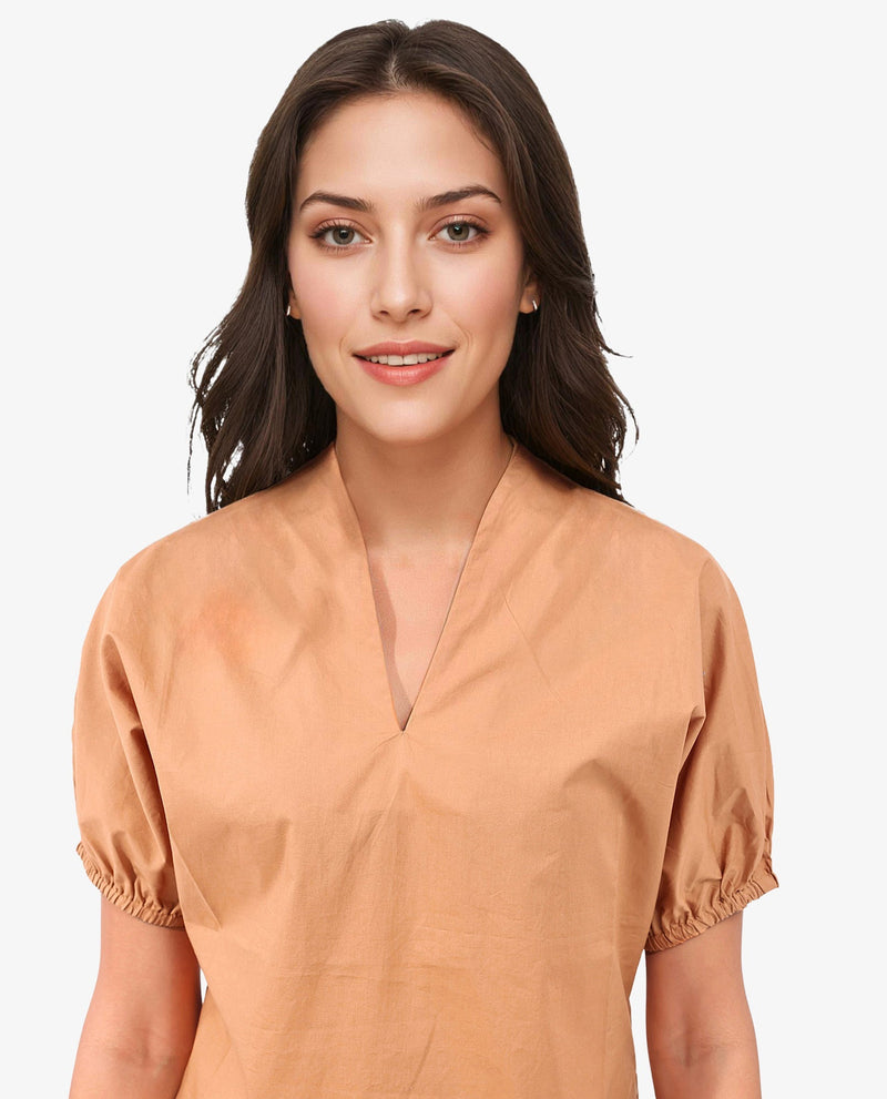 Rareism Women Titan Light Tan Cotton Fabric Halfsleeves V-Neck Solid Regular Fit Top