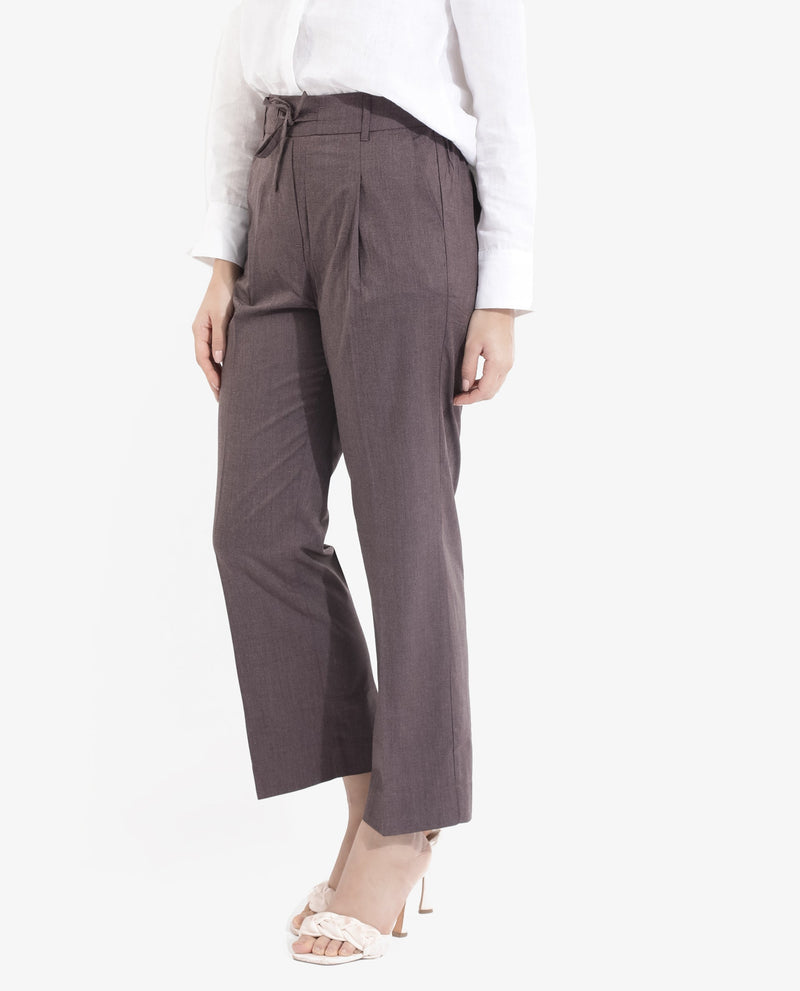 Rareism Women Tiza Brown Tie-Up Closure Straight Fit Ankle Length Plain Trouser