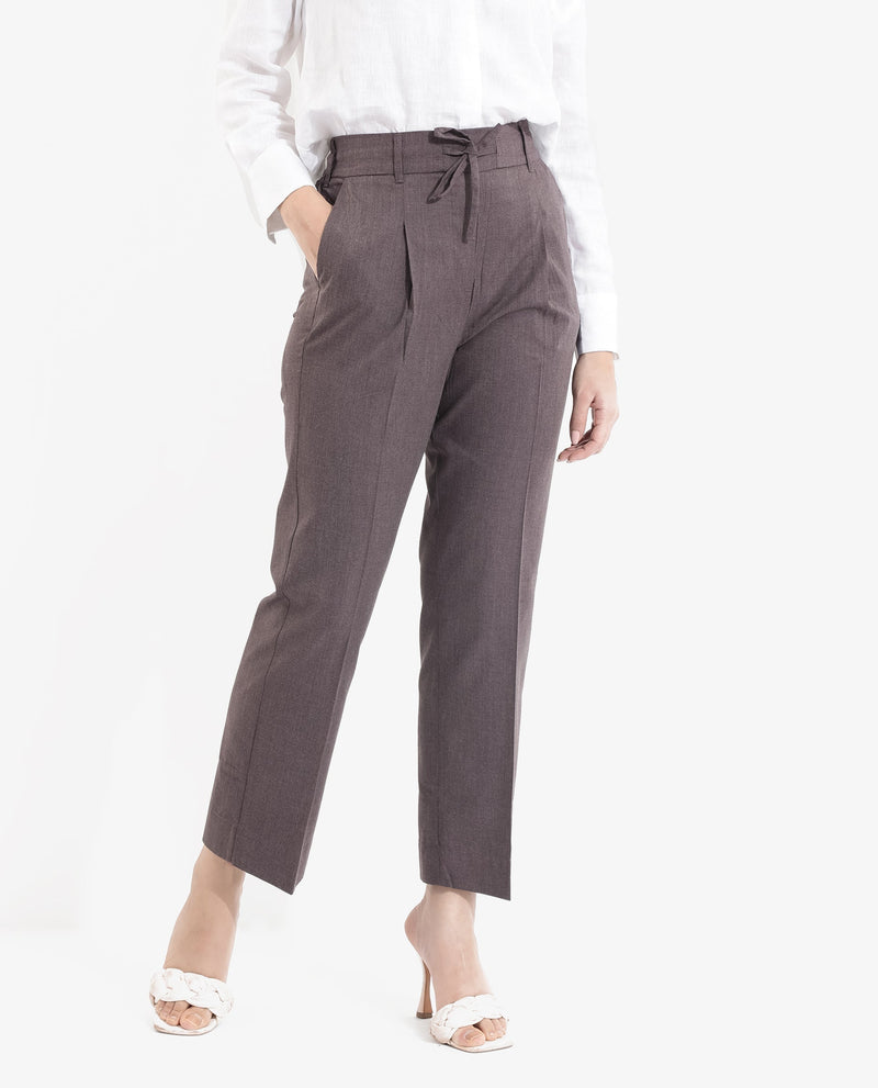 Rareism Women Tiza Brown Tie-Up Closure Straight Fit Ankle Length Plain Trouser