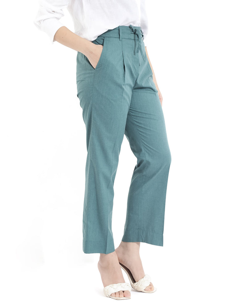 Rareism Women Tiza Green Tie-Up Closure Straight Fit Ankle Length Plain Trouser