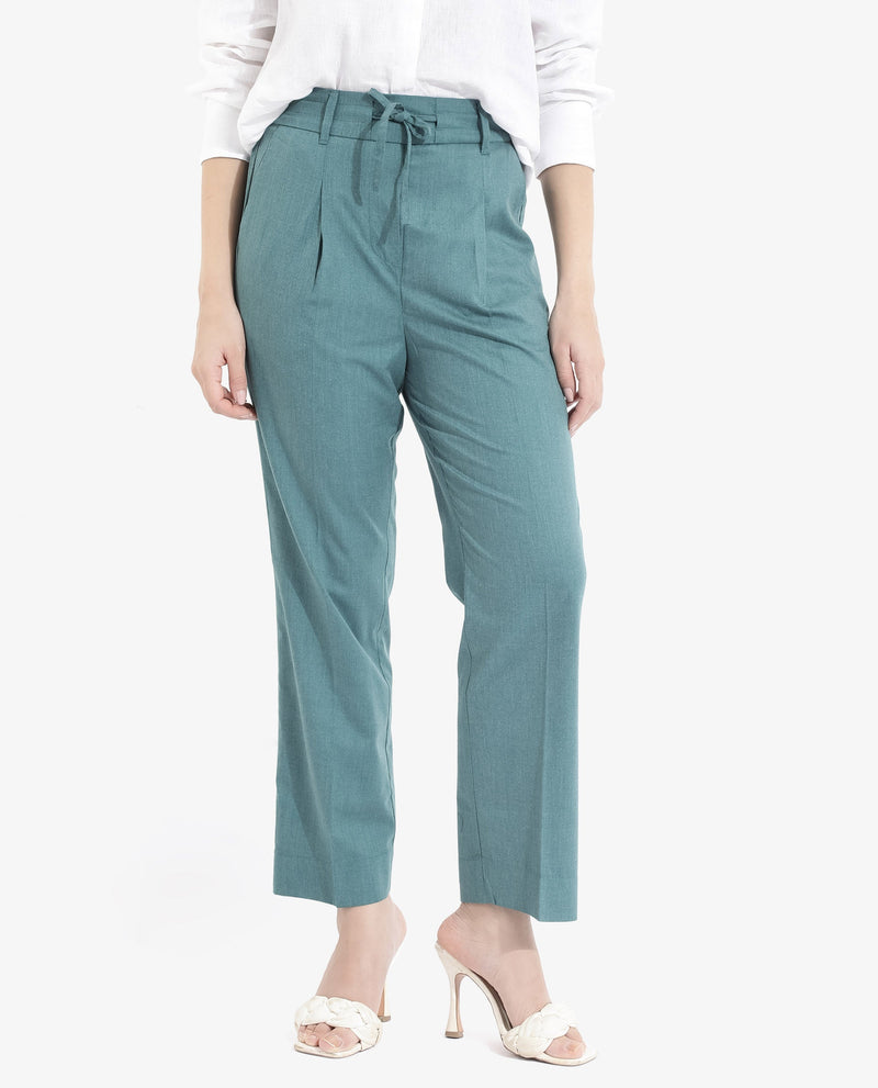 Rareism Women Tiza Green Tie-Up Closure Straight Fit Ankle Length Plain Trouser