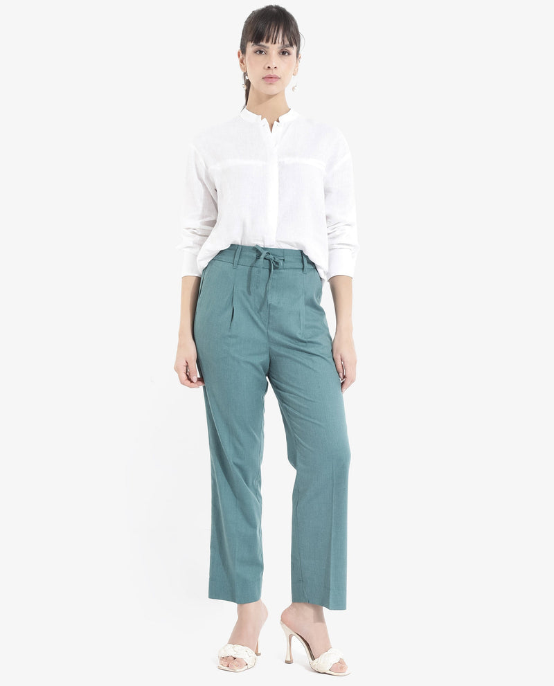 Rareism Women Tiza Green Tie-Up Closure Straight Fit Ankle Length Plain Trouser