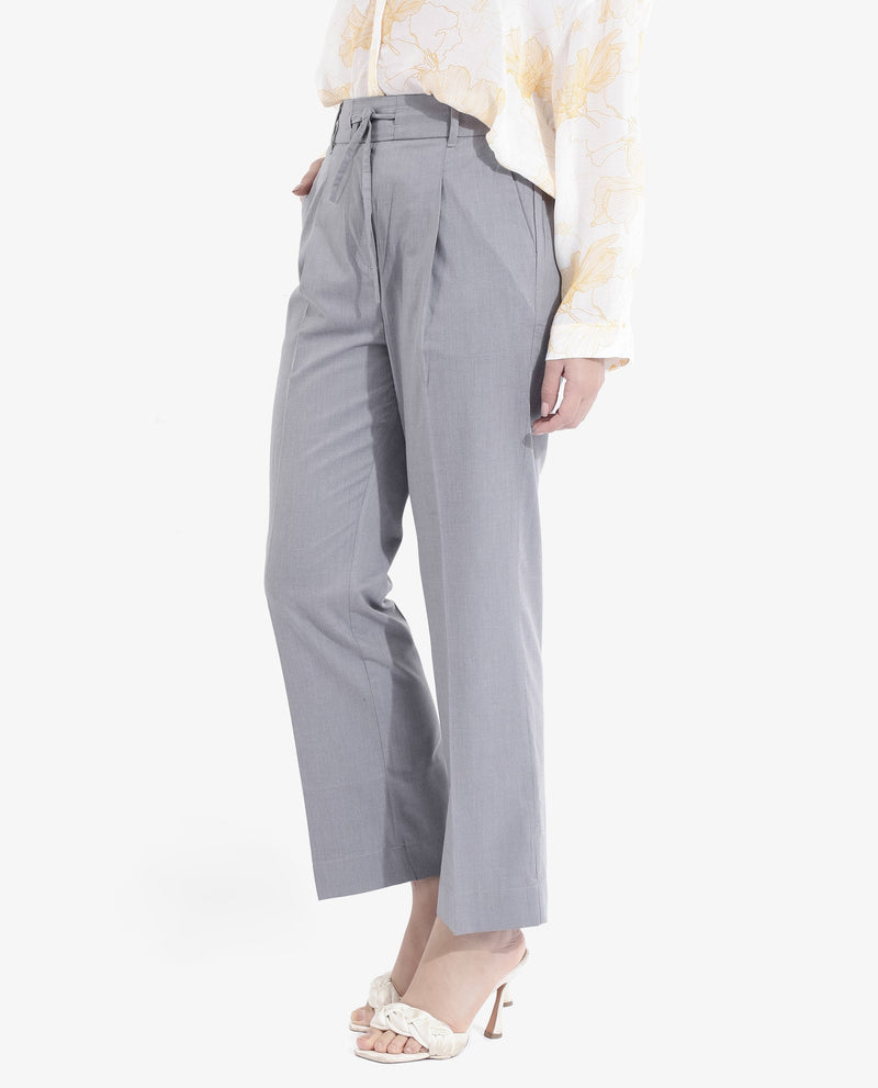 Rareism Women Tiza Grey Tie-Up Closure Straight Fit Ankle Length Plain Trouser