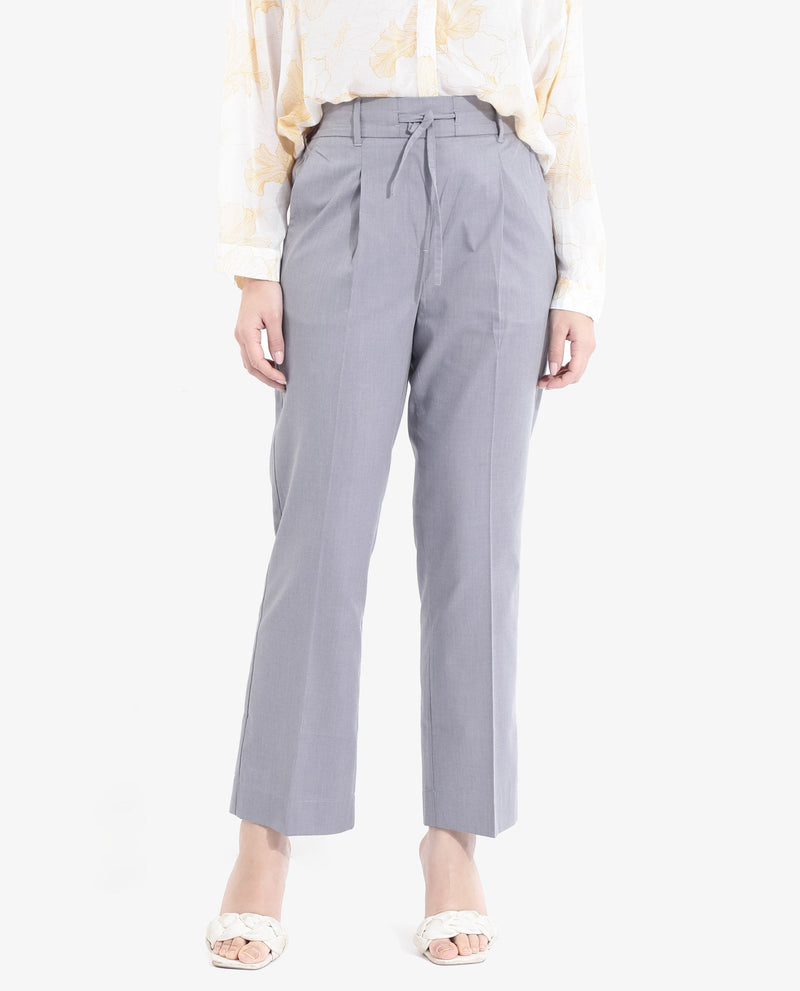 Rareism Women Tiza Grey Tie-Up Closure Straight Fit Ankle Length Plain Trouser