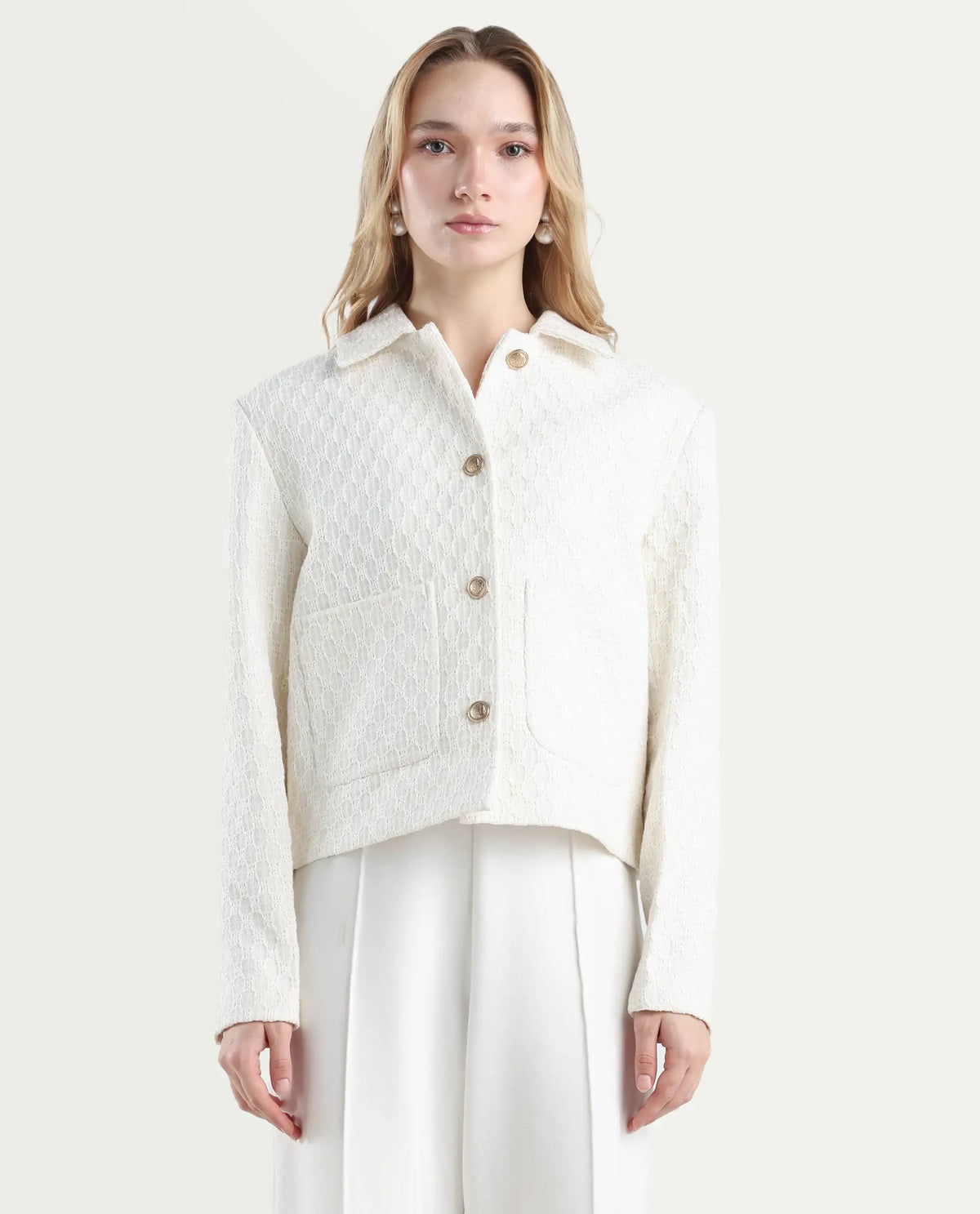 Rareism Women's Tizol-W Off White Cotton Blend Spread Collar Regular Fit Jacket
