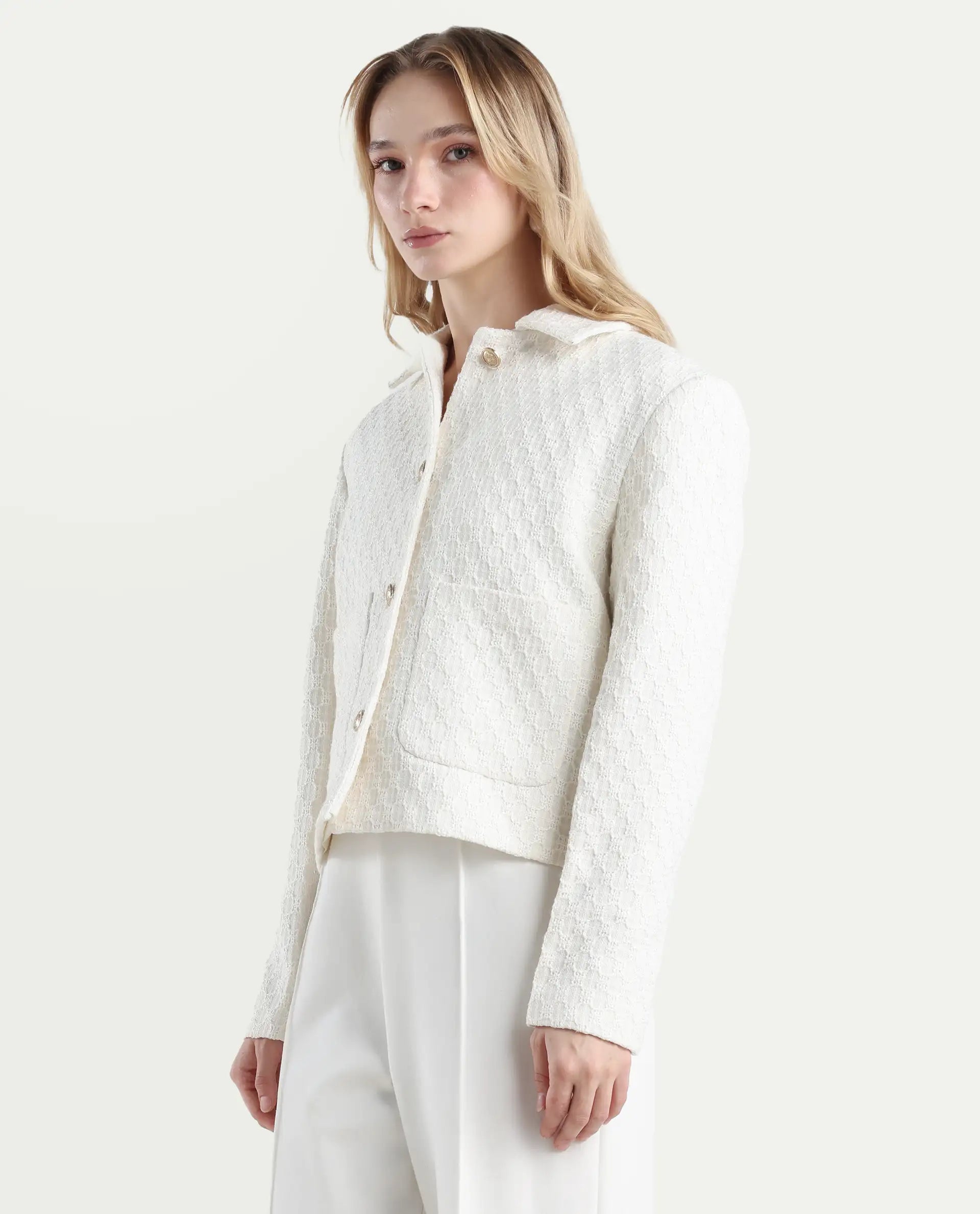 Rareism Women's Tizol-W Off White Polyester Blend Spread Collar Regular Fit Jacket