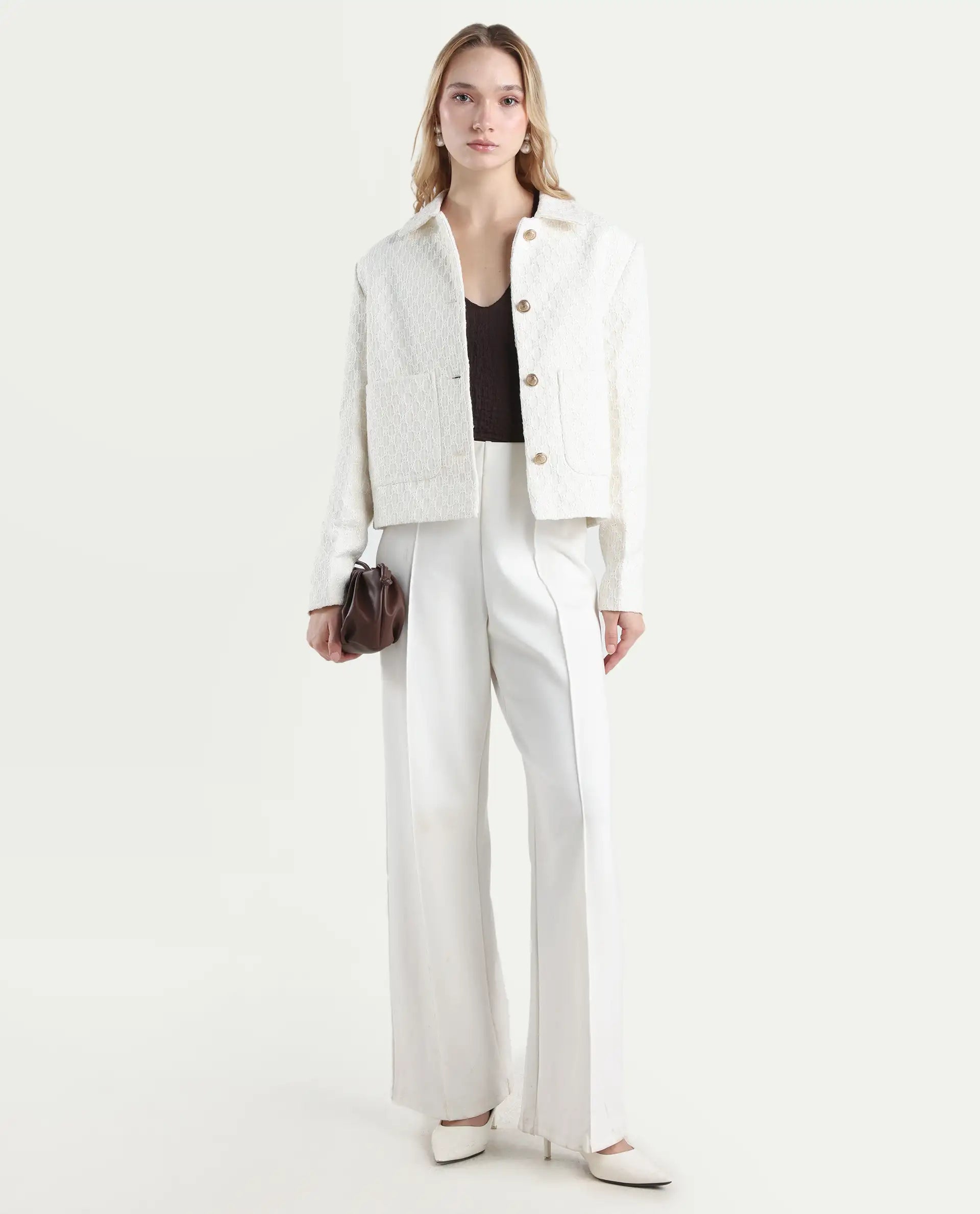 Rareism Women's Tizol-W Off White Polyester Blend Spread Collar Regular Fit Jacket