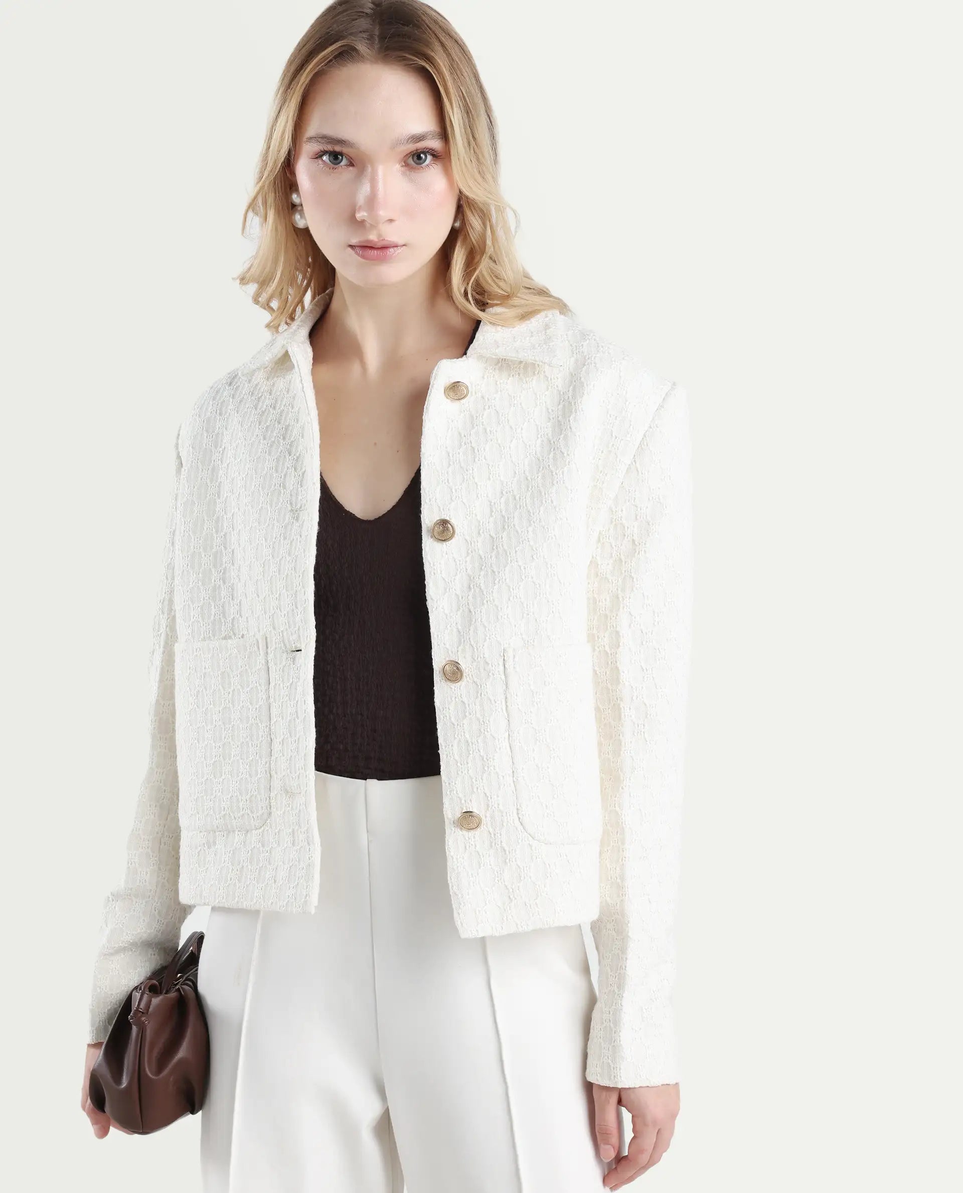 Rareism Women's Tizol-W Off White Polyester Blend Spread Collar Regular Fit Jacket