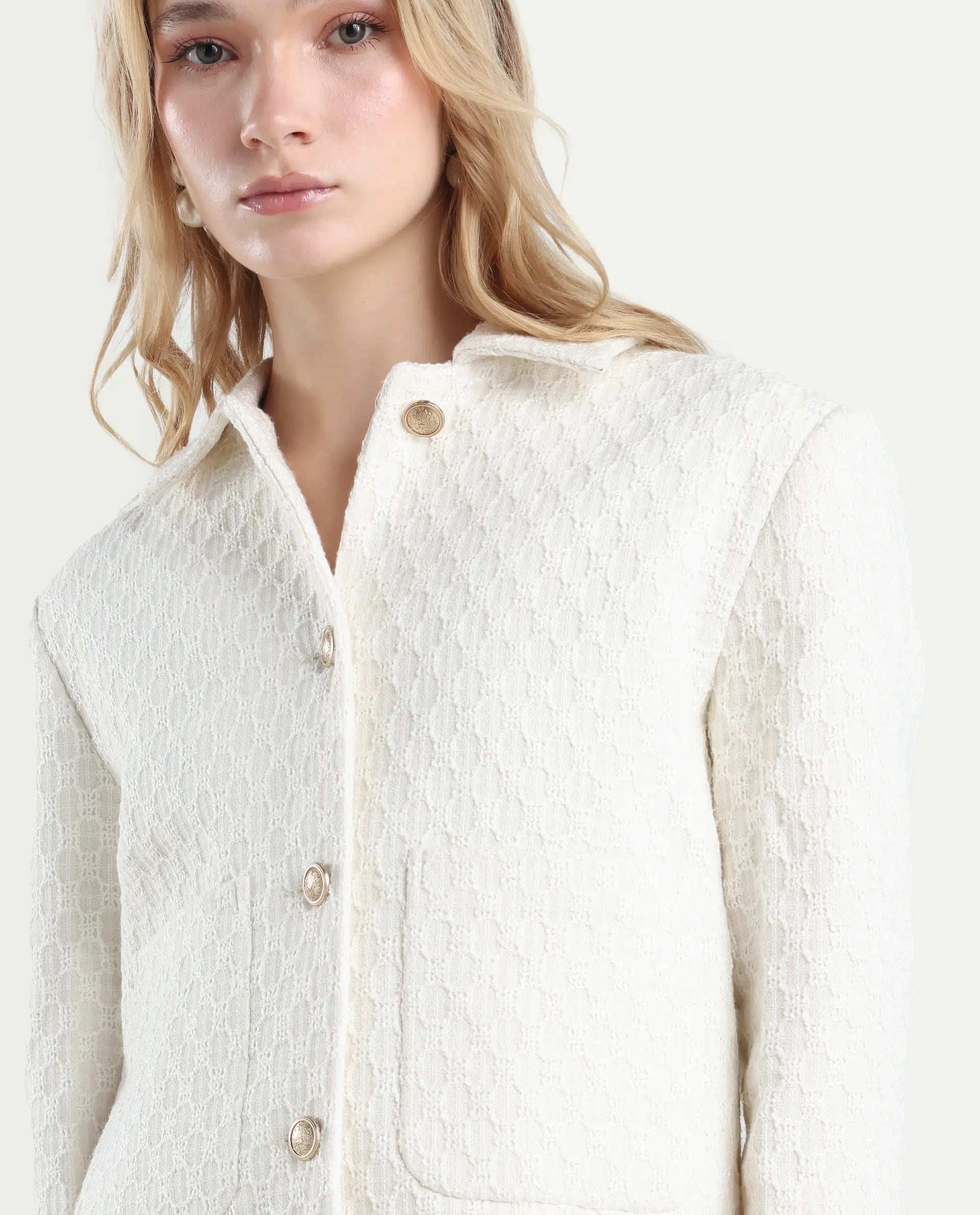 Rareism Women's Tizol-W Off White Polyester Blend Spread Collar Regular Fit Jacket