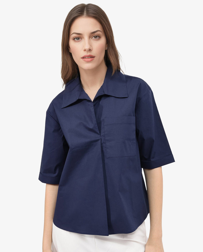 Rareism Women Toefil Dark Navy Cotton Fabric Collared Neck Solid Regular Fit Shirt