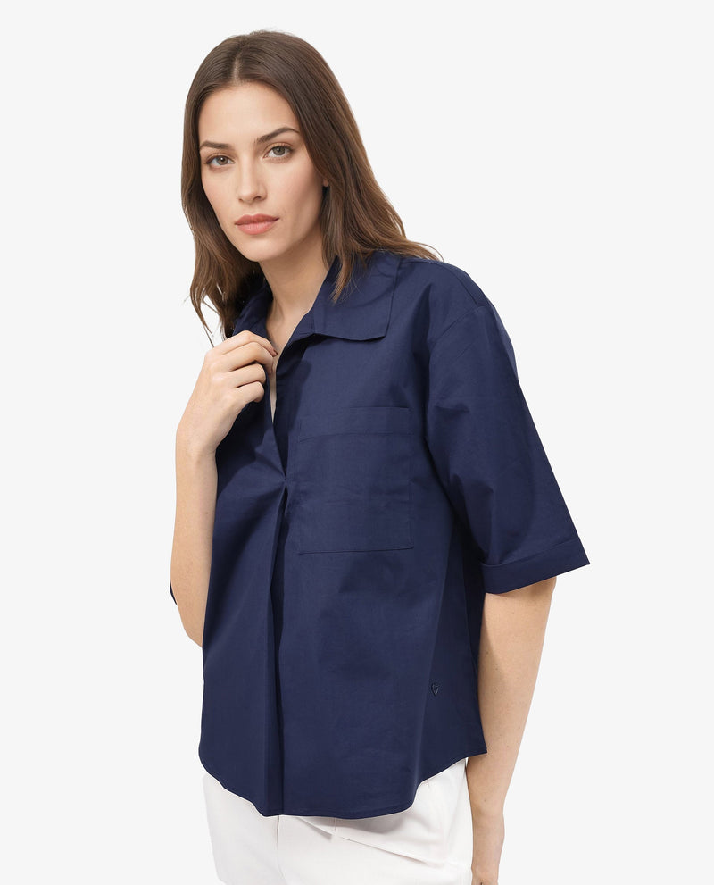 Rareism Women Toefil Dark Navy Cotton Fabric Collared Neck Solid Regular Fit Shirt