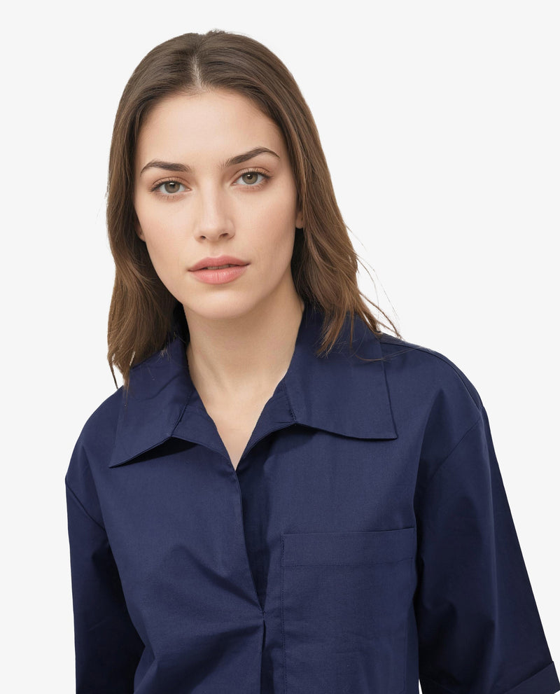 Rareism Women Toefil Dark Navy Cotton Fabric Collared Neck Solid Regular Fit Shirt