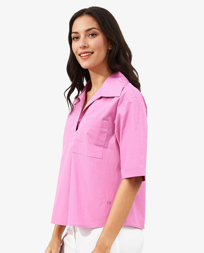 Rareism Women Toefil Pastel Pink Cotton Fabric Collared Neck Solid Regular Fit Shirt