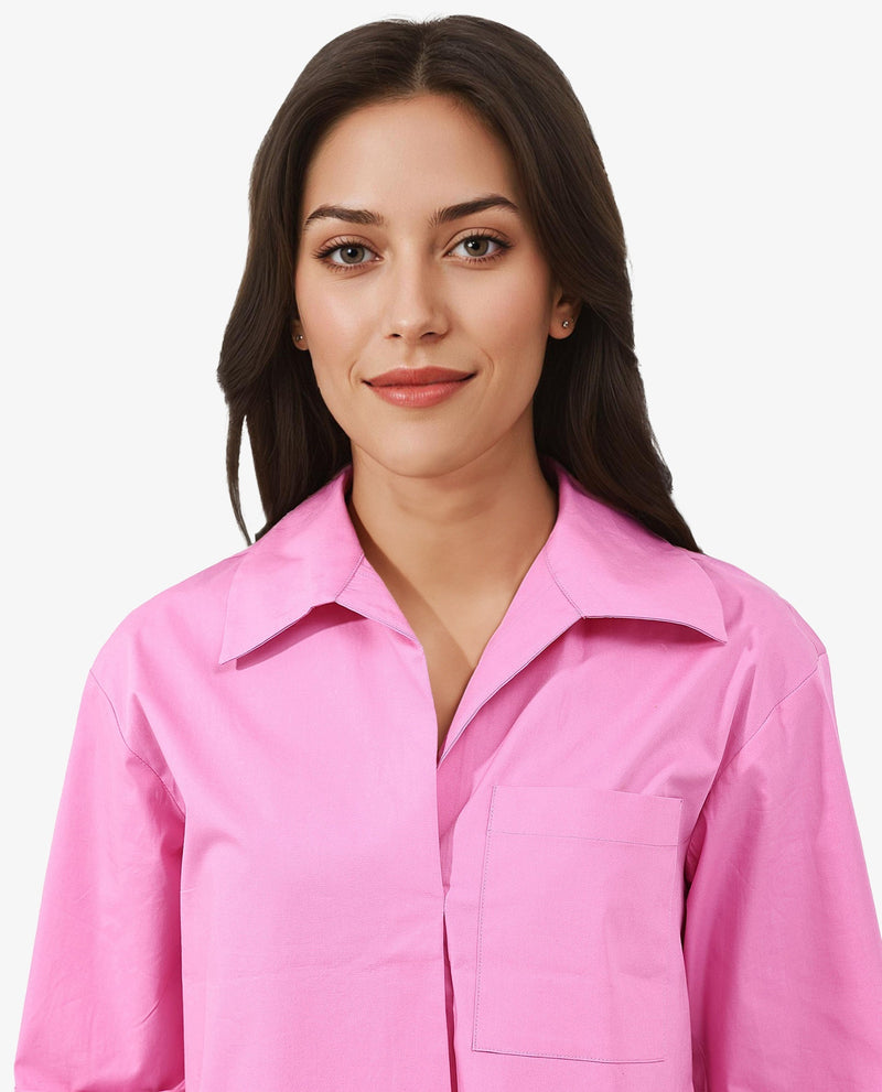 Rareism Women Toefil Pastel Pink Cotton Fabric Collared Neck Solid Regular Fit Shirt