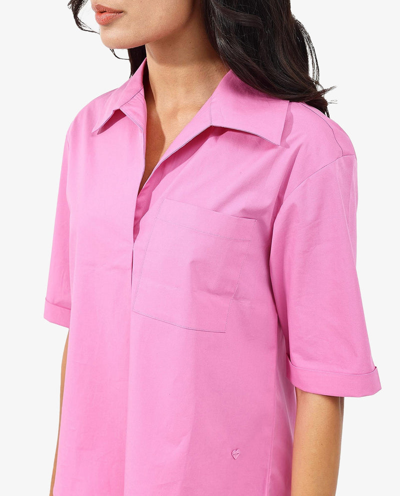 Rareism Women Toefil Pastel Pink Cotton Fabric Collared Neck Solid Regular Fit Shirt