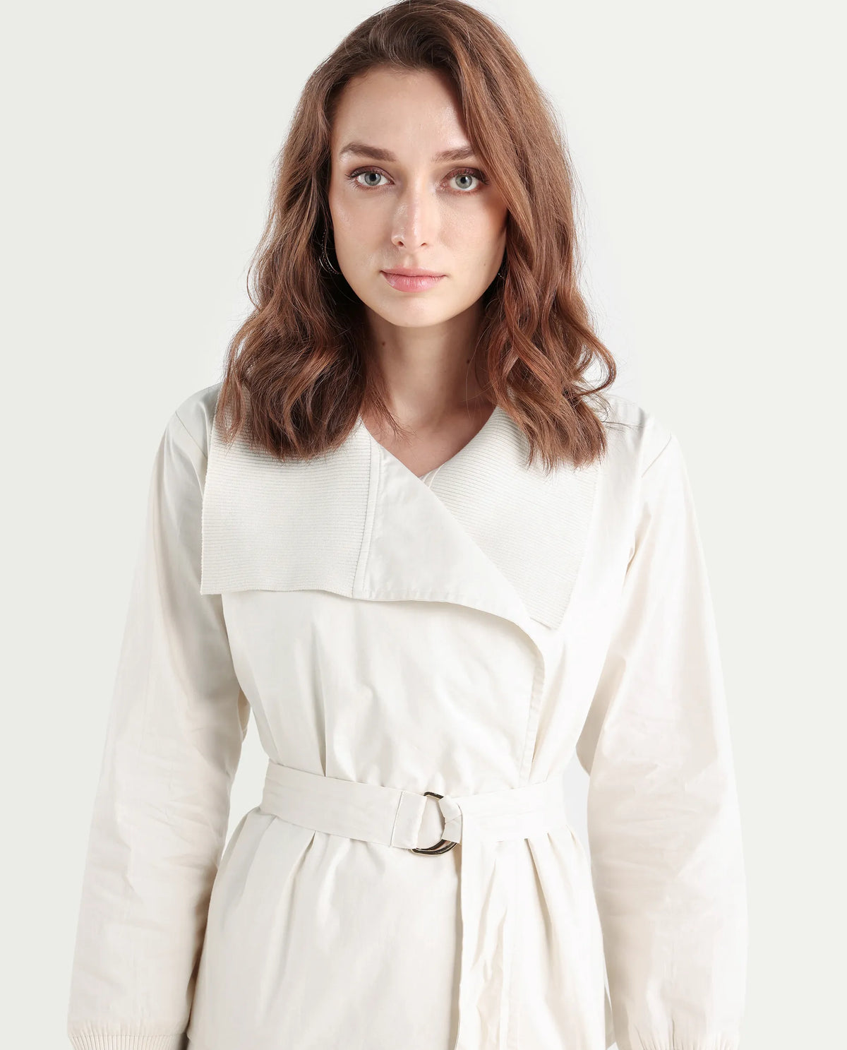 Rareism Women's Tokat Light Beige Cotton Ribbed Collar Plain Ribbed Sleeve Boxy Fit Jacket