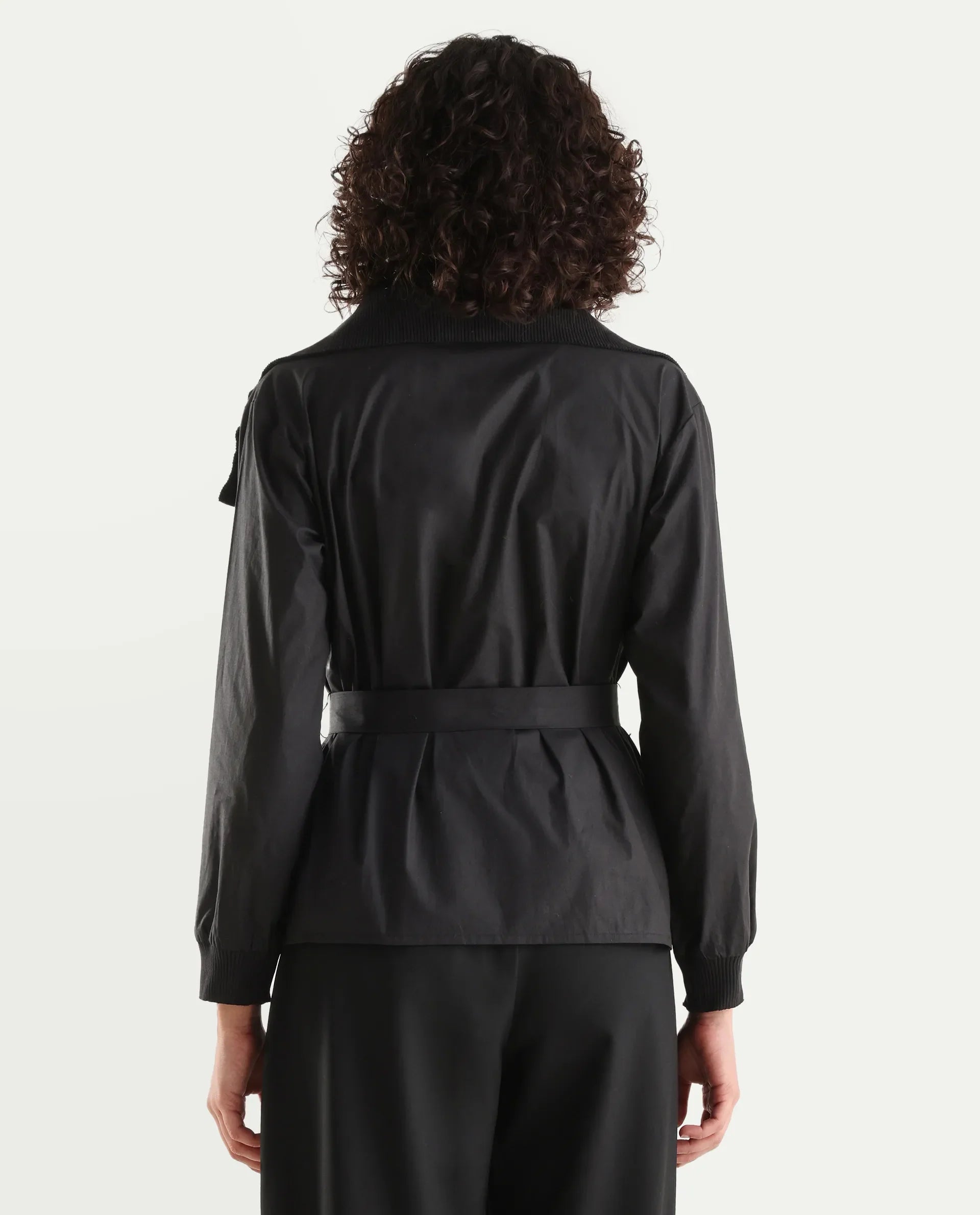 Rareism Women's Tokat Black Cotton Ribbed Collar Plain Ribbed Sleeve Boxy Fit Jacket