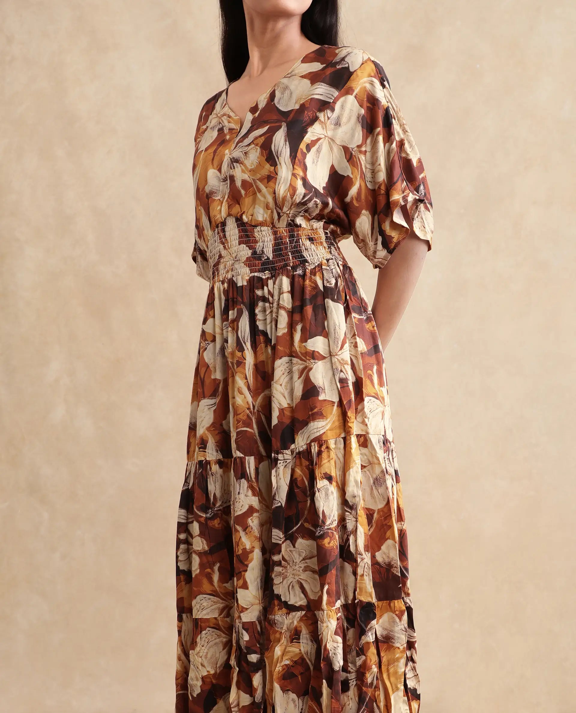 Rareism Women's Toluca Light Brown Cotton Blend V-Neck Abstract Print Bell Sleeve Midi Fit And Flare Dress