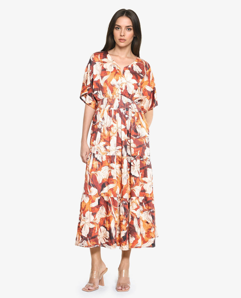 Rareism Women Toluca Light Brown Bell Sleeves V-Neck Tiered Floral Print Maxi Dress