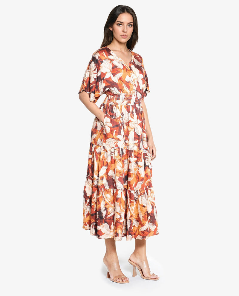 Rareism Women Toluca Light Brown Bell Sleeves V-Neck Tiered Floral Print Maxi Dress