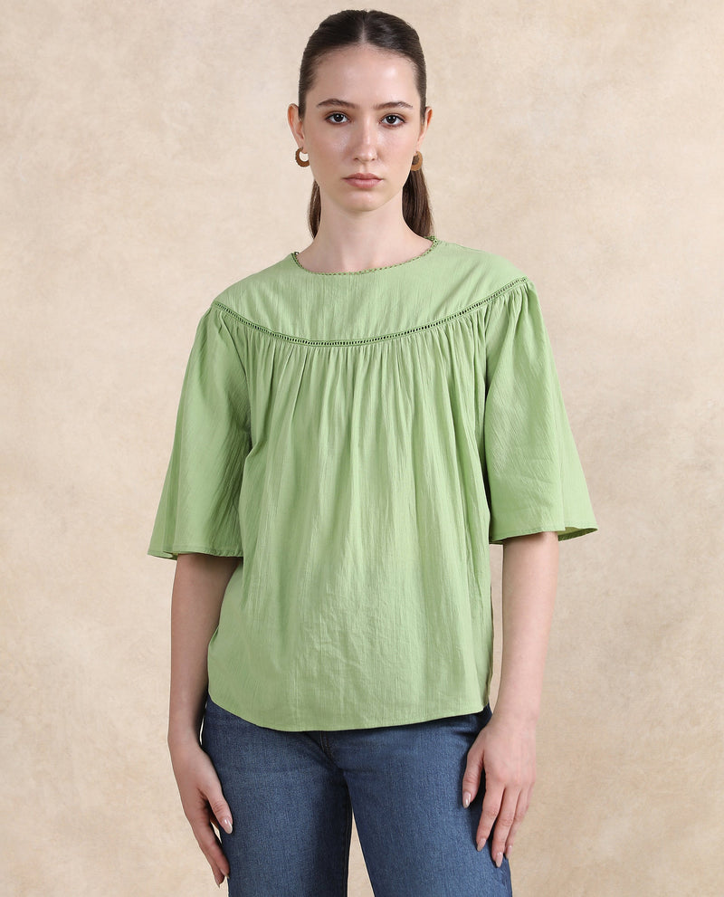 Rareism Women Tonala Green Button Closure Raglan Sleeves Crew Neck Relaxed Fit Plain Top