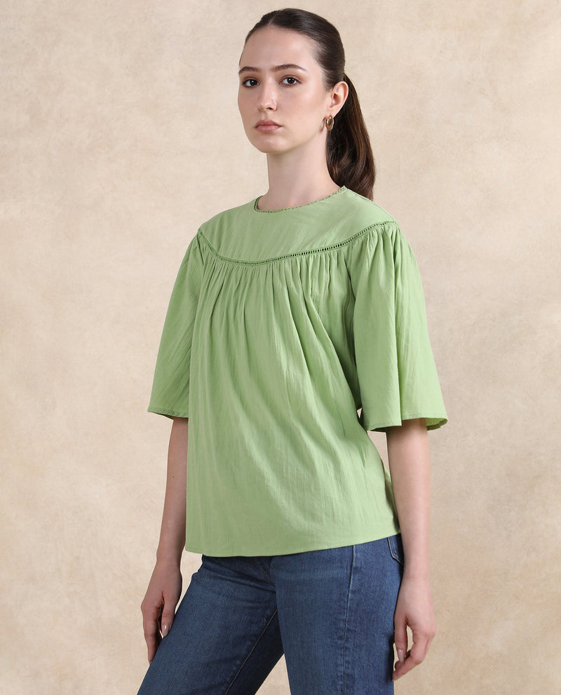 Rareism Women Tonala Green Button Closure Raglan Sleeves Crew Neck Relaxed Fit Plain Top