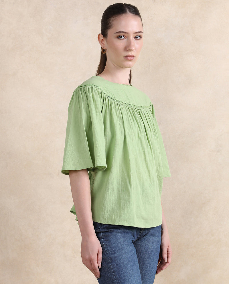 Rareism Women Tonala Green Button Closure Raglan Sleeves Crew Neck Relaxed Fit Plain Top