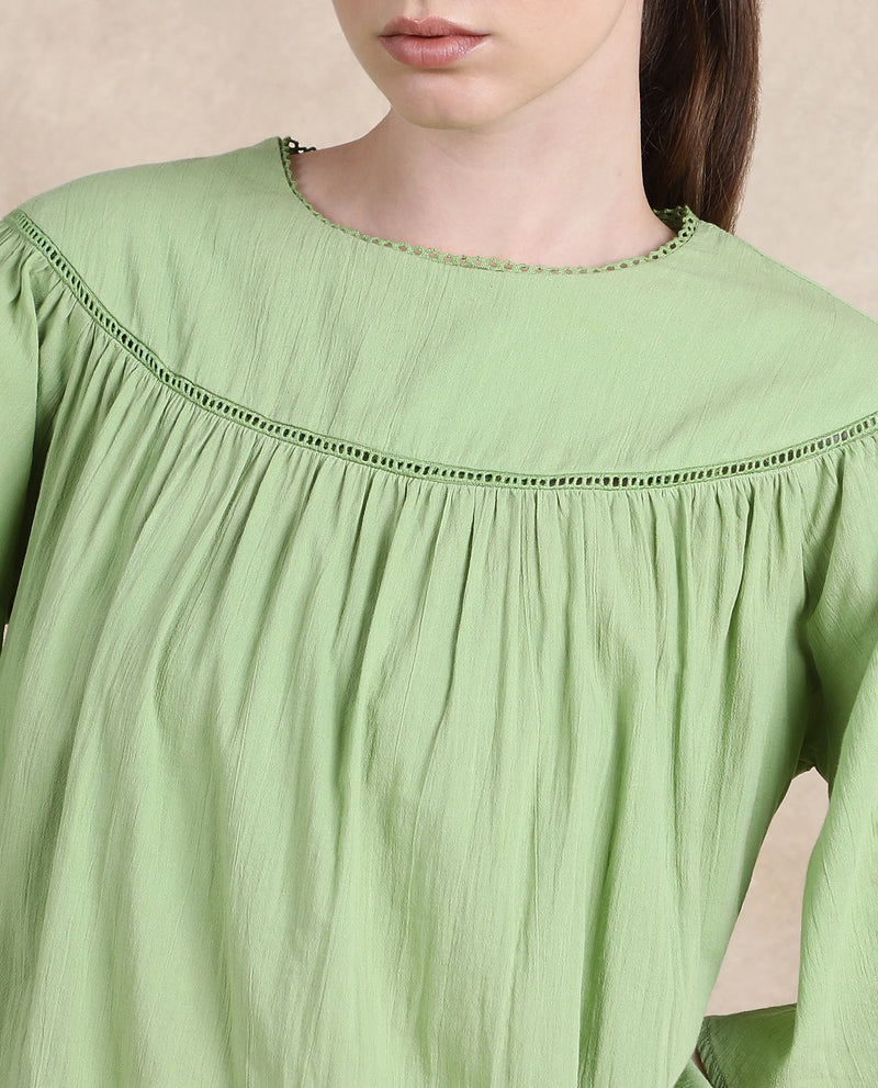 Rareism Women Tonala Green Button Closure Raglan Sleeves Crew Neck Relaxed Fit Plain Top