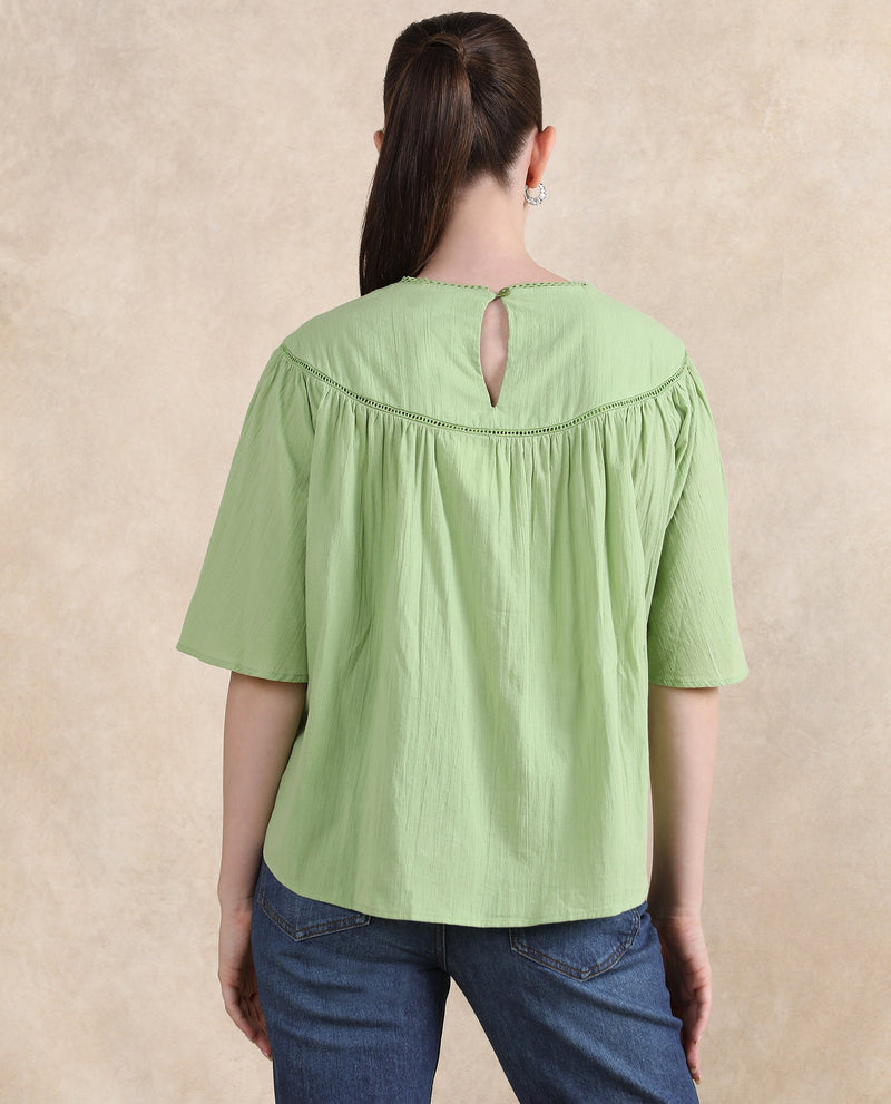 Rareism Women Tonala Green Button Closure Raglan Sleeves Crew Neck Relaxed Fit Plain Top