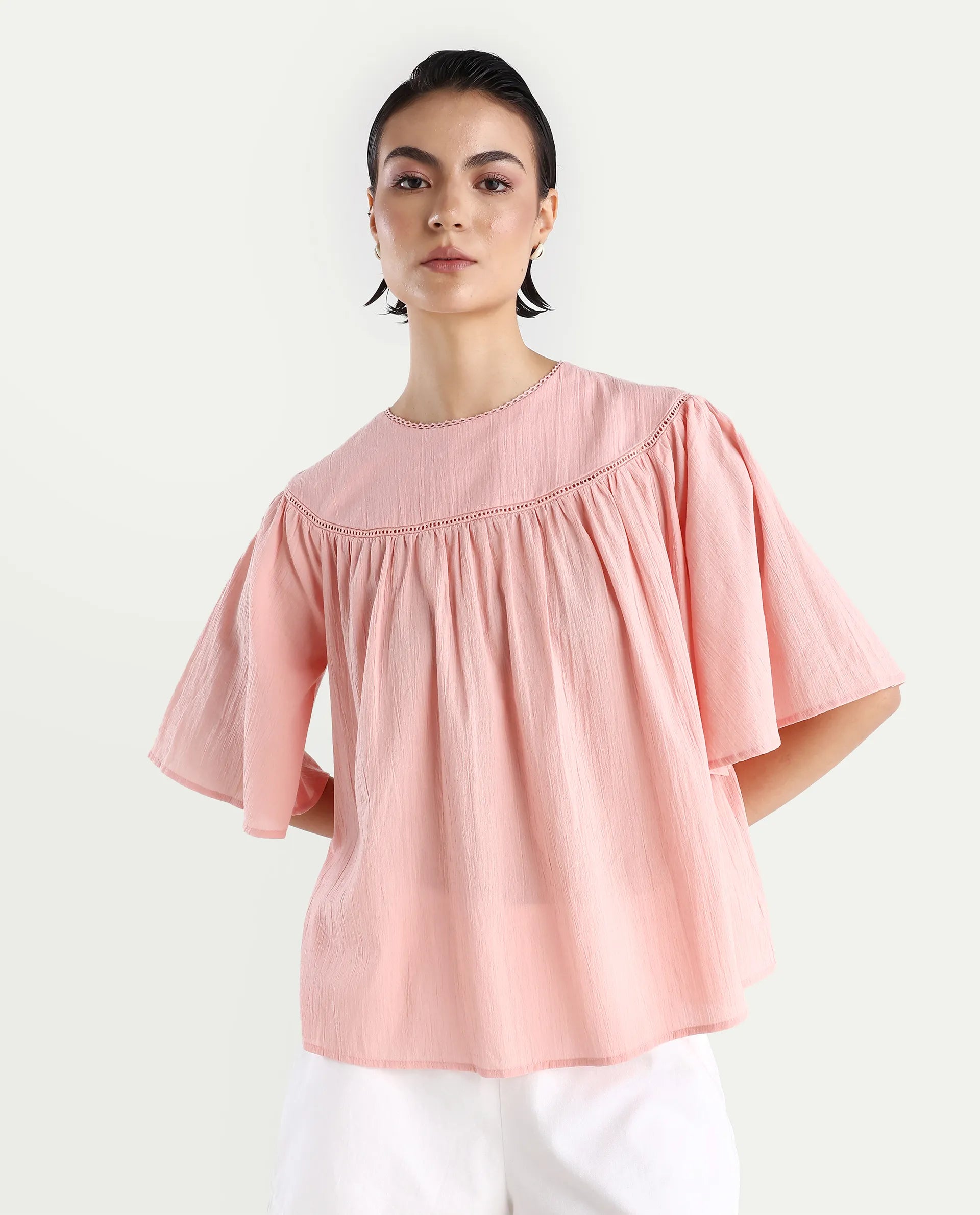 Rareism Women's Tonala Light Pink Cotton Blend Crew Neck Plain Raglan Sleeve Relaxed Fit Top