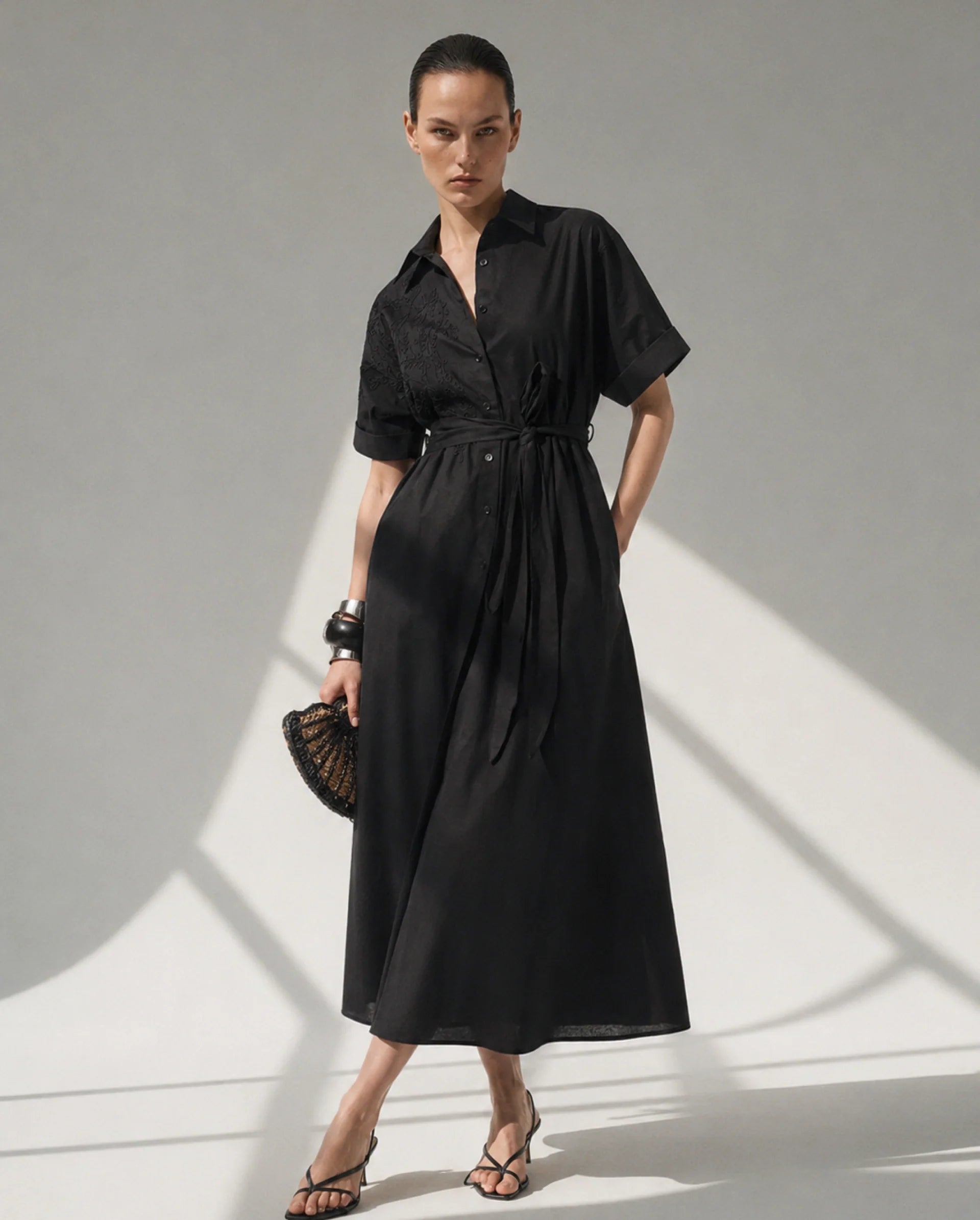 Rareism Women's Tormin Black Cotton Spread Collar Button Regular Embroidered Dress