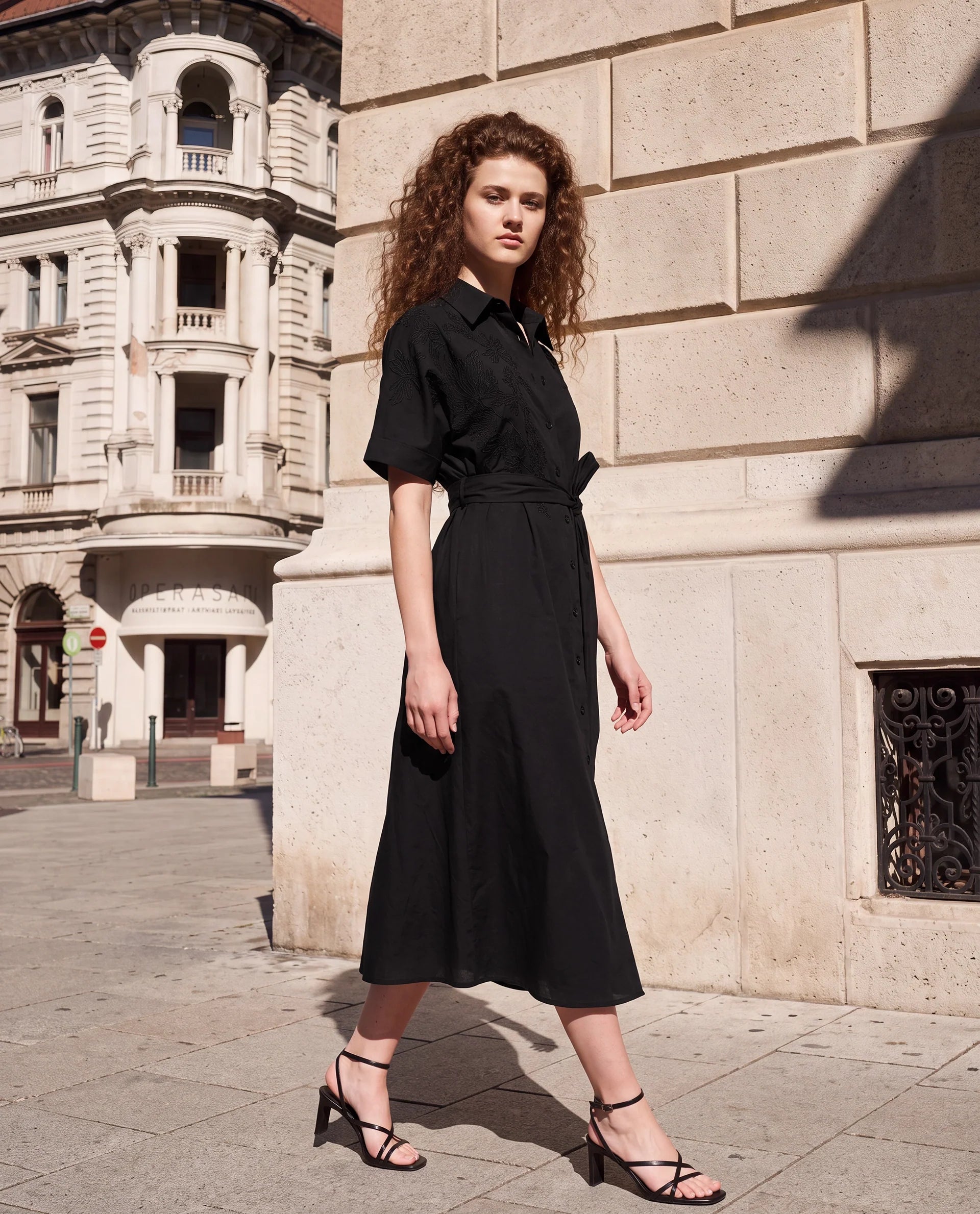 Rareism Women's Tormin Black Cotton Spread Collar Button Regular Embroidered Dress