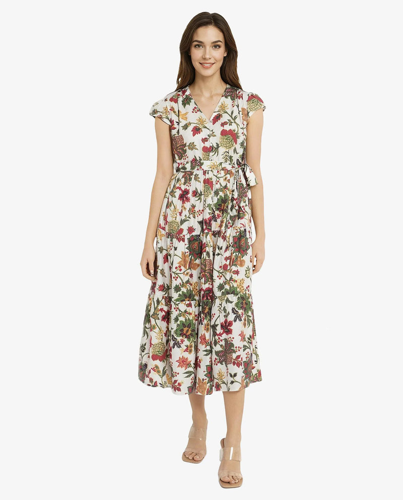 Rareism Women Tosa Multi Cap Sleeves V-Neck Button Closure Fit And Flare Midi Floral Print Dress